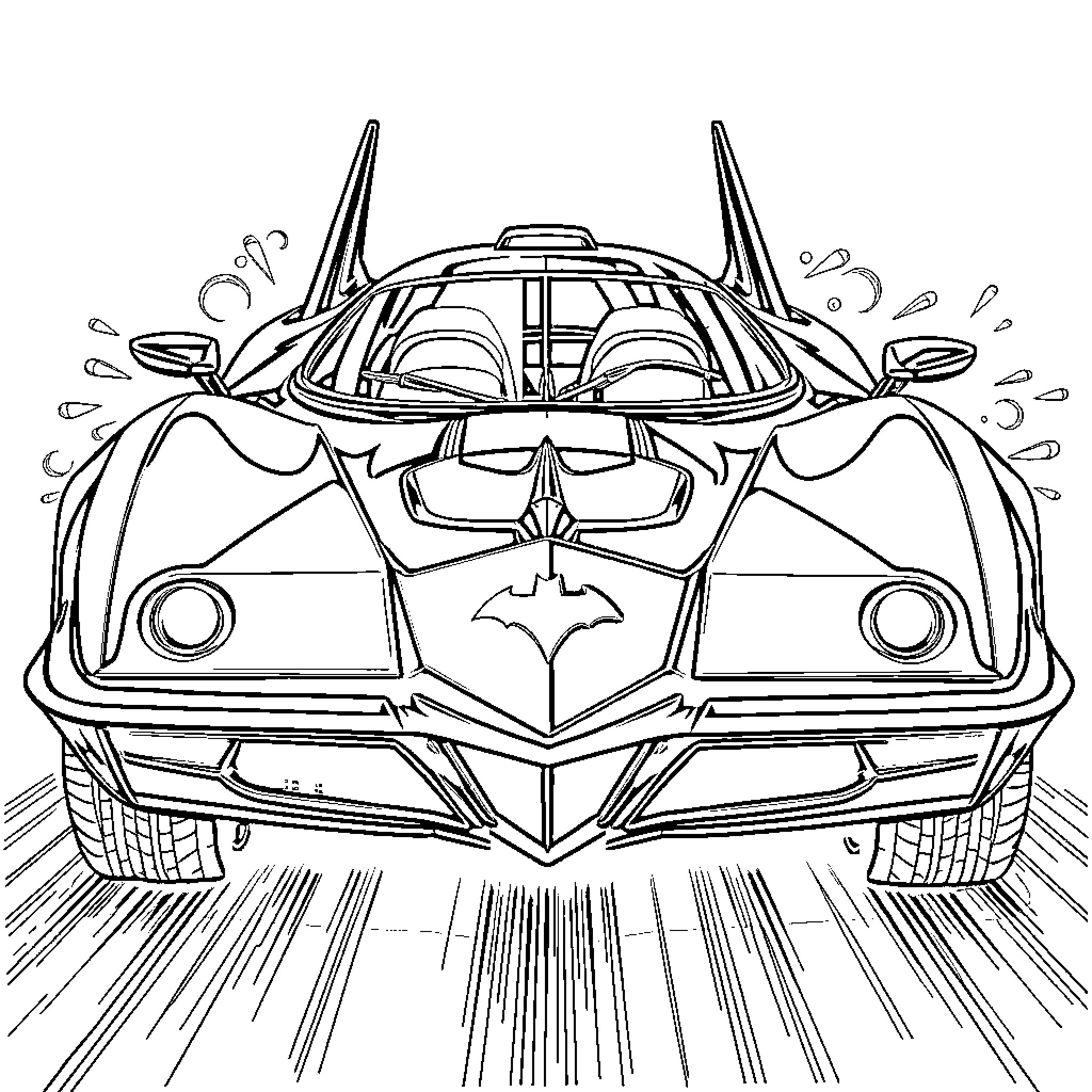Batmobile speeding through the streets Coloring Page (free black-and-white line drawing printable PDF for all, from beginners to advanced learners, including children, teens, adults, and seniors)