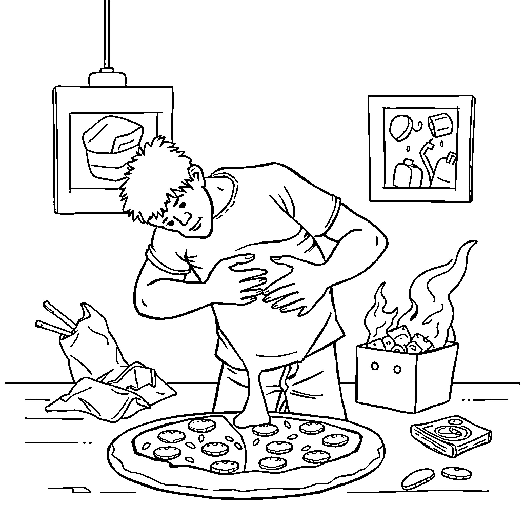 Guy preparing homemade pizza in the kitchen Coloring Page (free black-and-white line drawing printable PDF for all, from beginners to advanced learners, including children, teens, adults, and seniors)