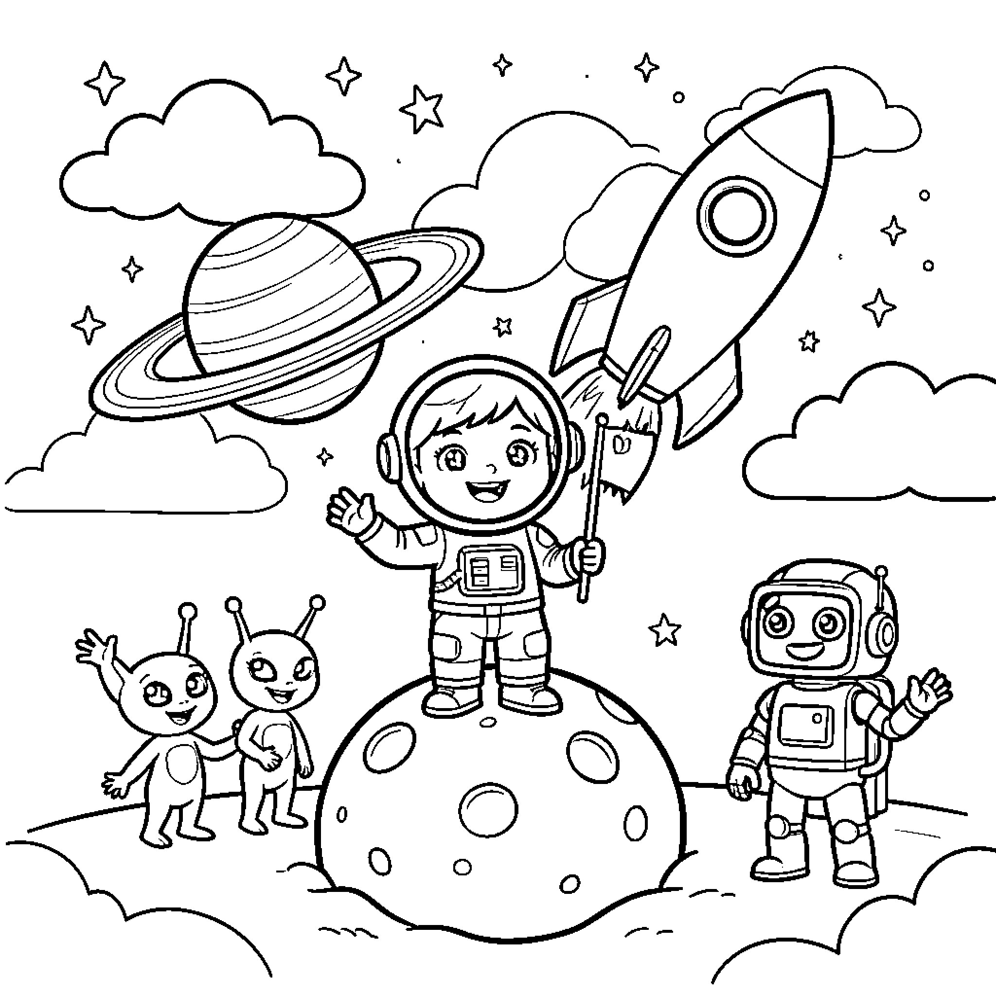 Astronaut standing on moon with robot and aliens Coloring Page (free black-and-white line drawing printable PDF for all, from beginners to advanced learners, including children, teens, adults, and seniors)