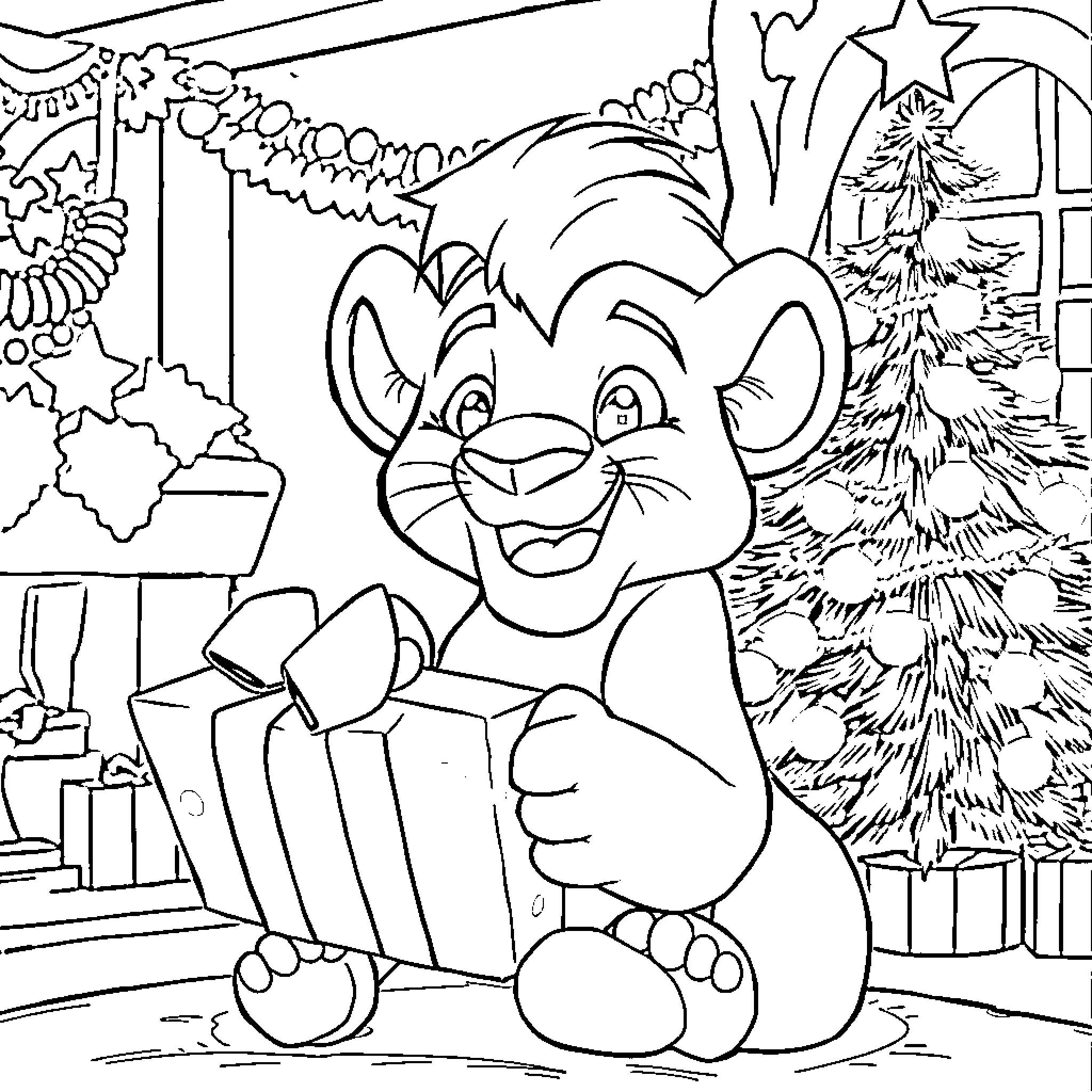Simba's Christmas Celebration with Gifts and Tree Coloring Page (free black-and-white line drawing printable PDF for all, from beginners to advanced learners, including children, teens, adults, and seniors)