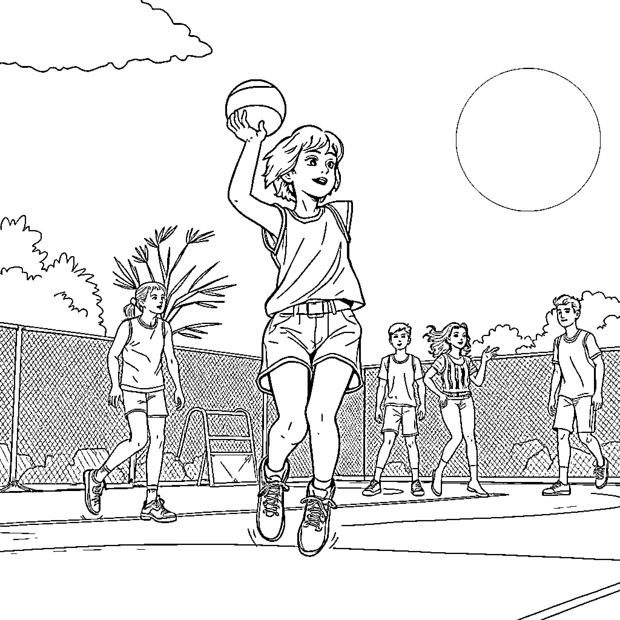 Eleven playing basketball with friends outdoors Coloring Page (free black-and-white line drawing printable PDF for all, from beginners to advanced learners, including children, teens, adults, and seniors)