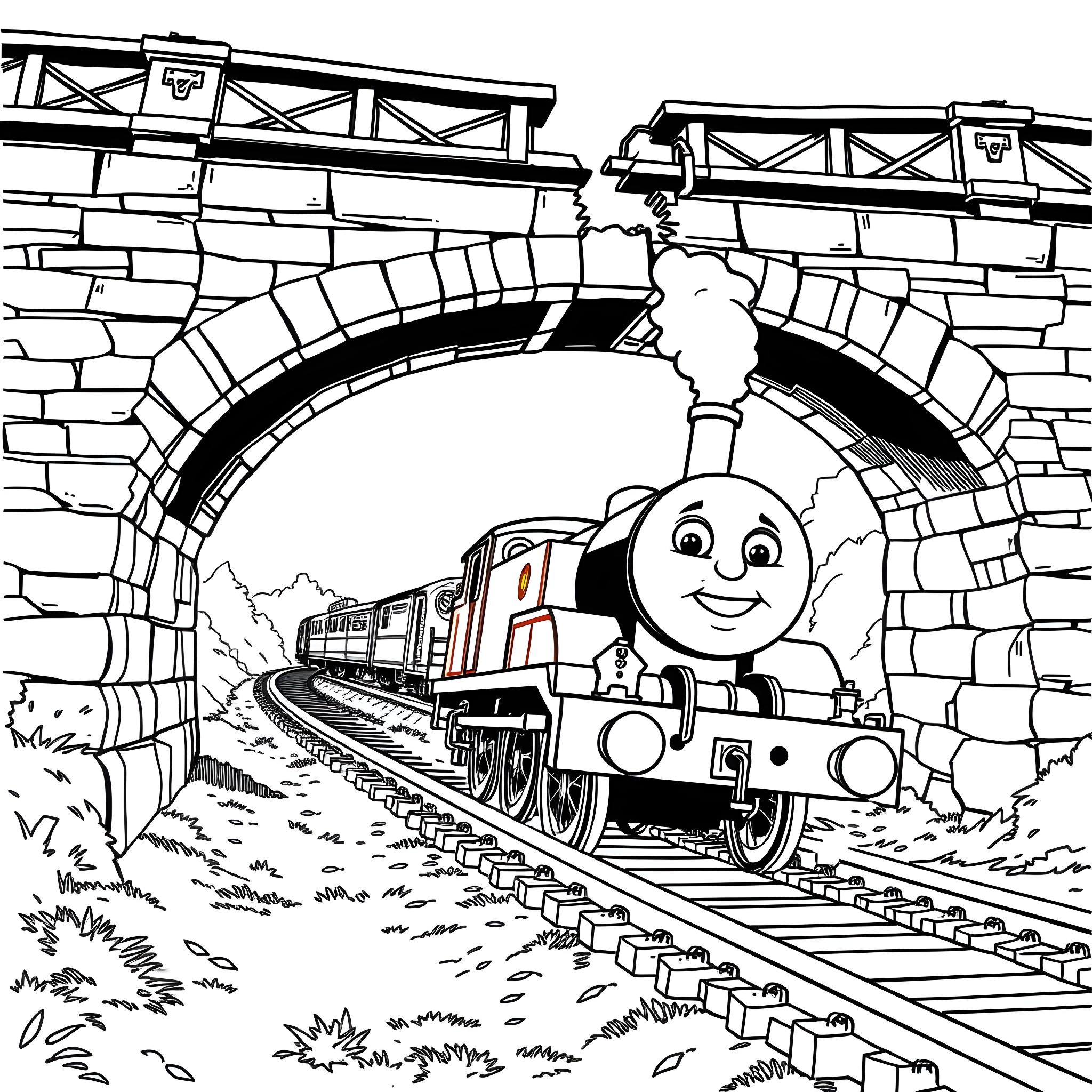 Thomas the Tank Engine's Cheerful Ride through the Railway Tunnel Coloring Page (free black-and-white line drawing printable PDF for all, from beginners to advanced learners, including children, teens, adults, and seniors)