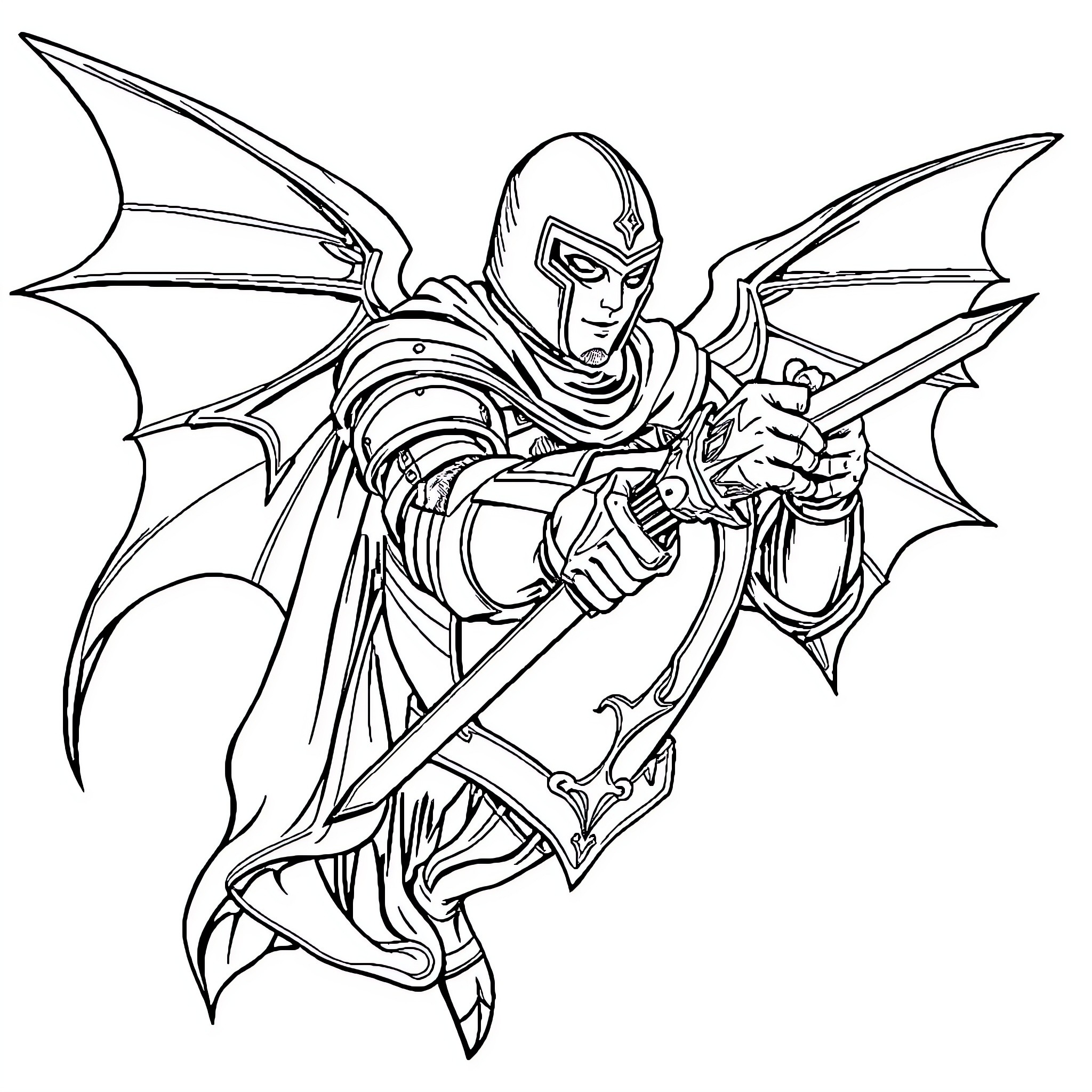 Knight battling with sword and wings Coloring Page (free black-and-white line drawing printable PDF for all, from beginners to advanced learners, including children, teens, adults, and seniors)