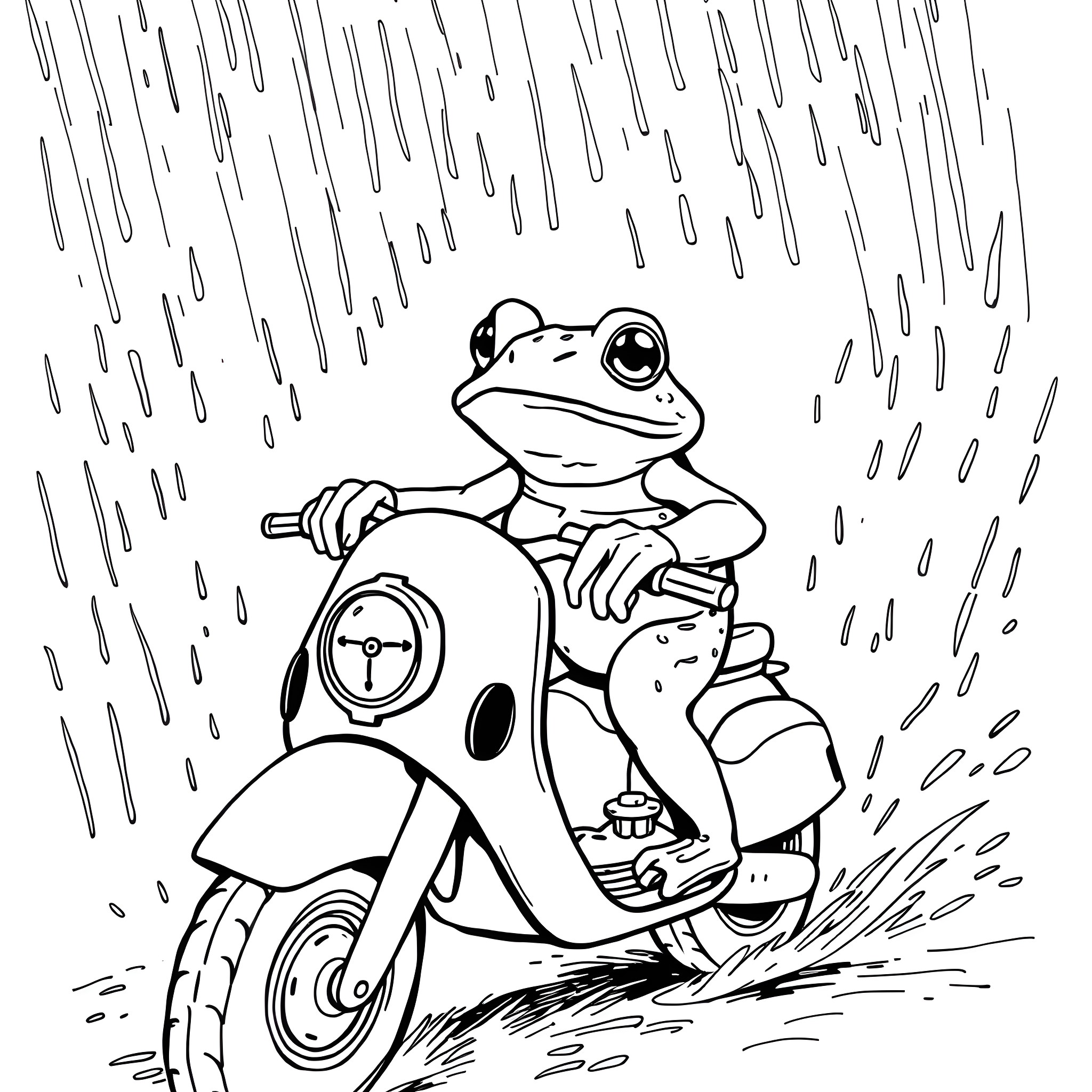 Toad riding a scooter in the rain Coloring Page (free black-and-white line drawing printable PDF for all, from beginners to advanced learners, including children, teens, adults, and seniors)