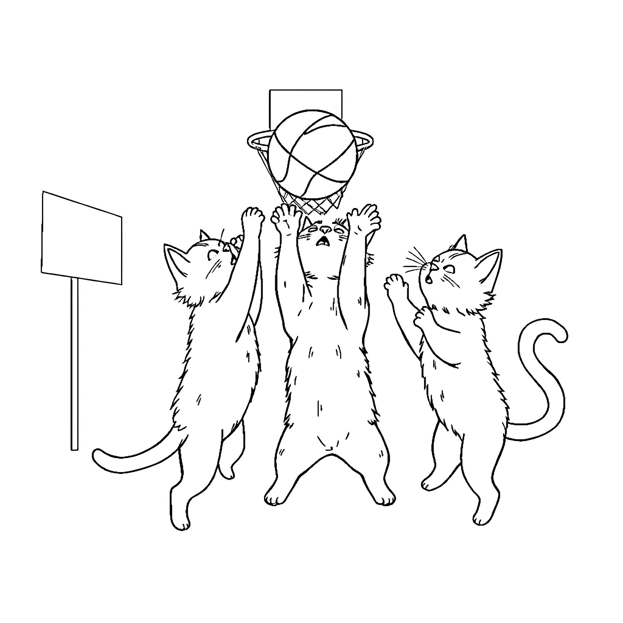 Cats playing with a basketball in a park Coloring Page (free black-and-white line drawing printable PDF for all, from beginners to advanced learners, including children, teens, adults, and seniors)