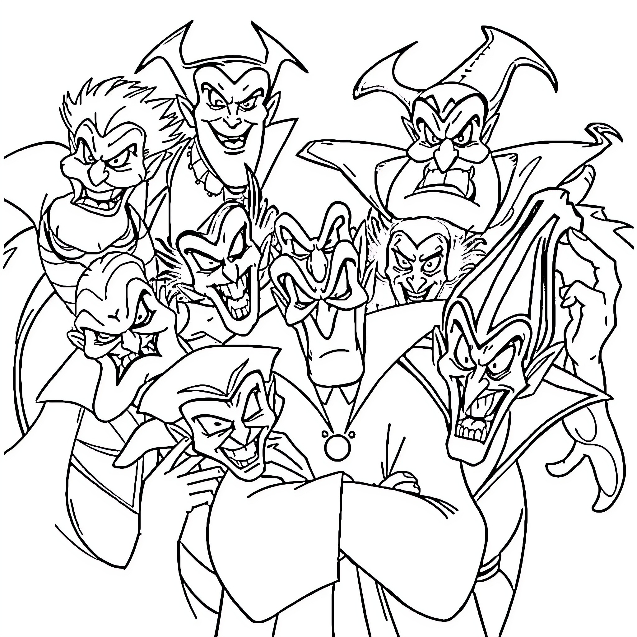 Villain characters with comical expressions and costumes Coloring Page (free black-and-white line drawing printable PDF for all, from beginners to advanced learners, including children, teens, adults, and seniors)