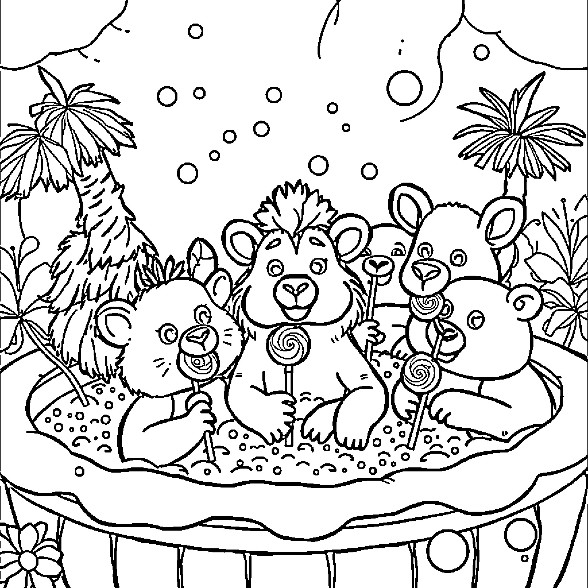 Animal Friends Gathered in a Whimsical Landscape Coloring Page (free black-and-white line drawing printable PDF for all, from beginners to advanced learners, including children, teens, adults, and seniors)
