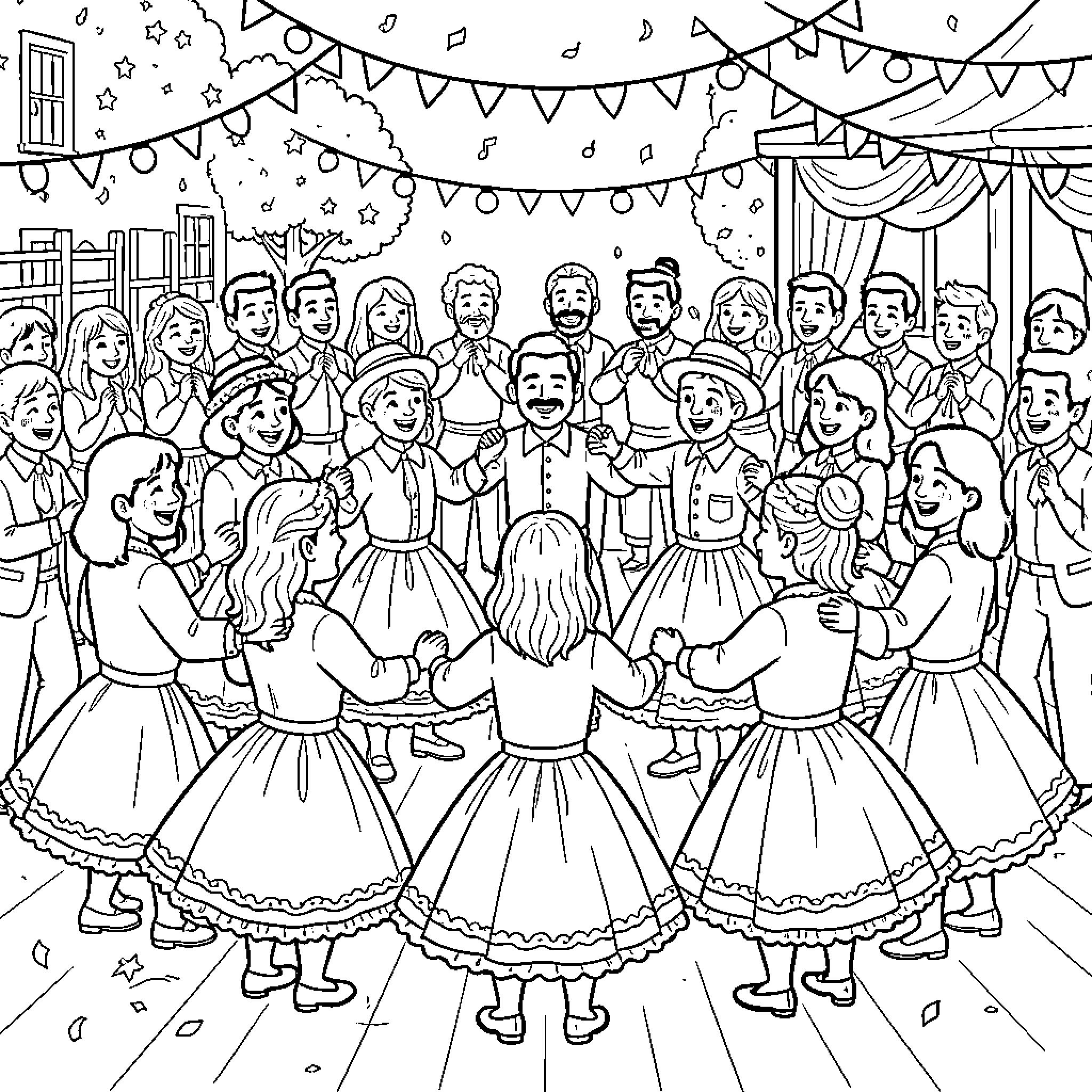 Sardana Dance Celebration with Festive Attire Coloring Page (free black-and-white line drawing printable PDF for all, from beginners to advanced learners, including children, teens, adults, and seniors)