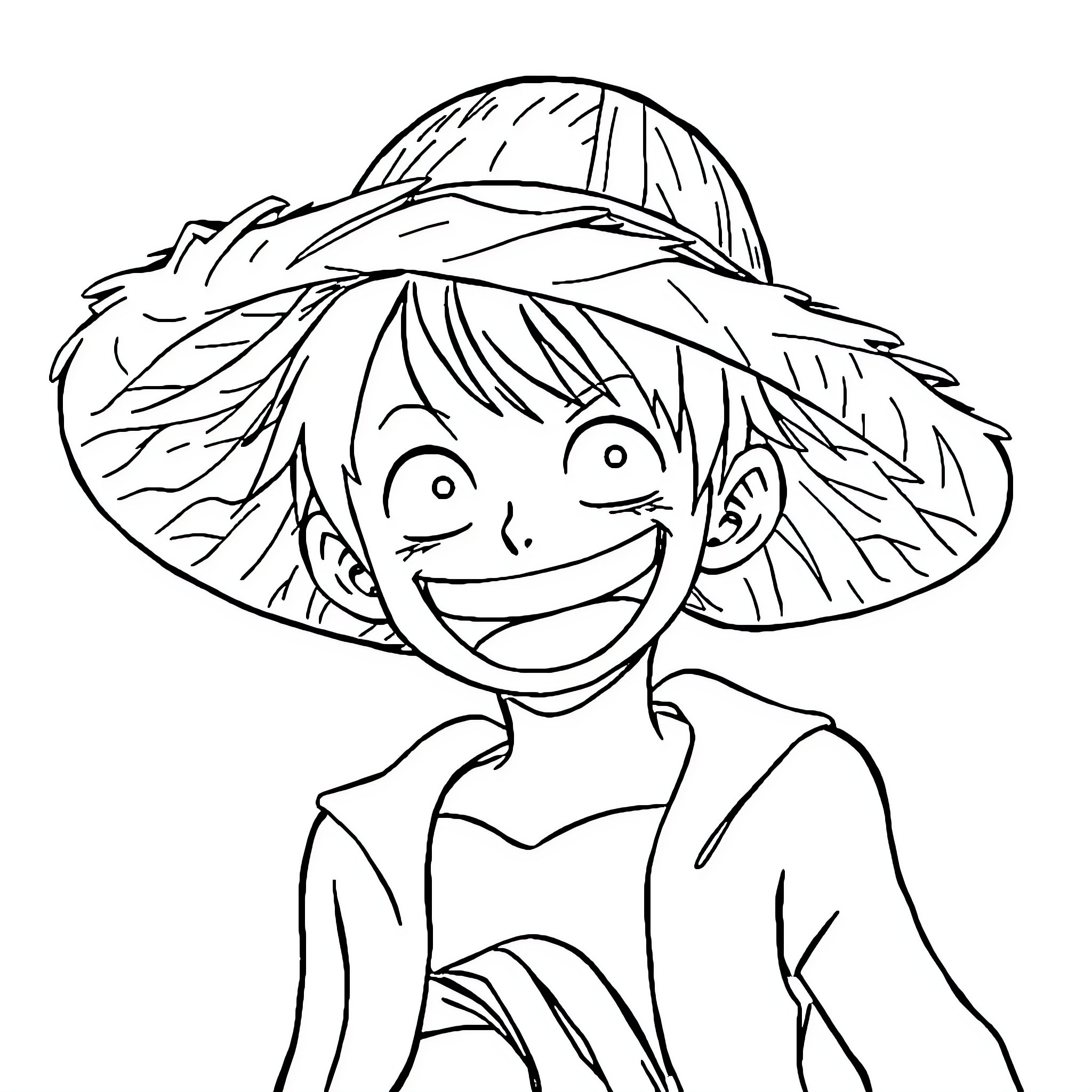 Luffy wearing a straw hat and smiling excitedly Coloring Page (free black-and-white line drawing printable PDF for all, from beginners to advanced learners, including children, teens, adults, and seniors)