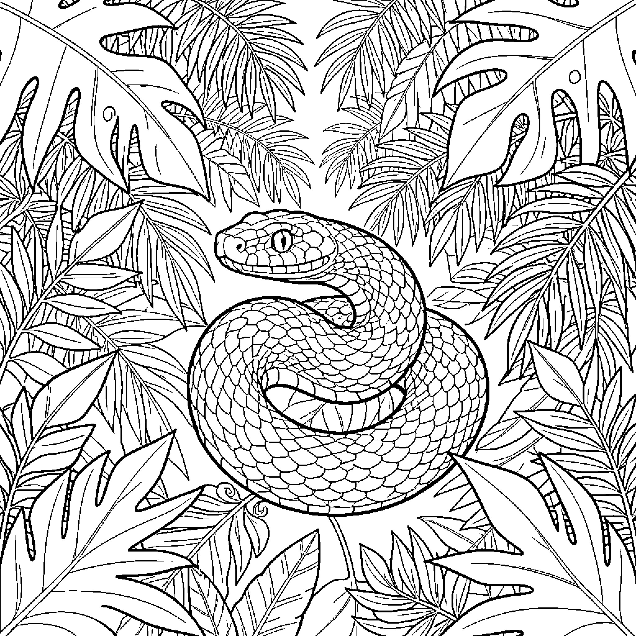 Boa Constrictor Coiled in Lush Jungle Foliage Coloring Page (free black-and-white line drawing printable PDF for all, from beginners to advanced learners, including children, teens, adults, and seniors)