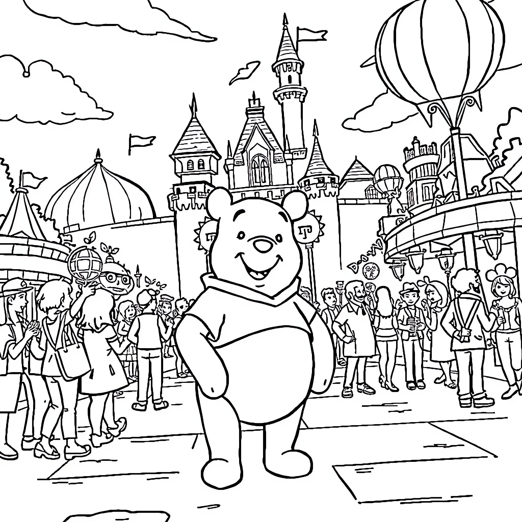 Winnie the Pooh visits a magical theme park Coloring Page (free black-and-white line drawing printable PDF for all, from beginners to advanced learners, including children, teens, adults, and seniors)