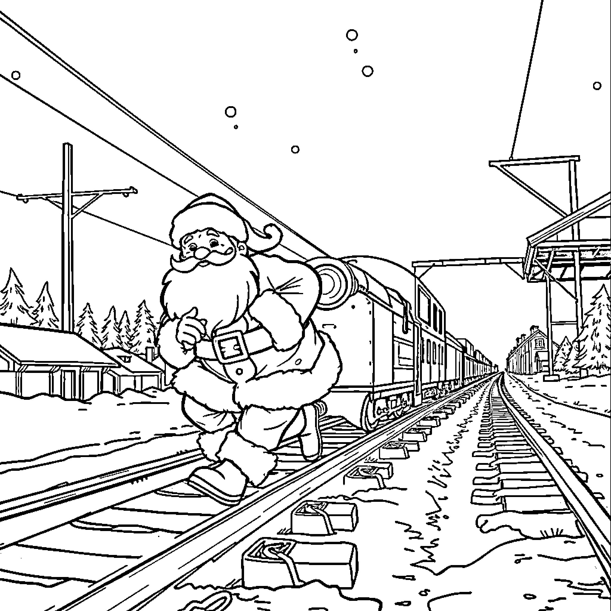 Santa riding the train through a winter wonderland Coloring Page (free black-and-white line drawing printable PDF for all, from beginners to advanced learners, including children, teens, adults, and seniors)