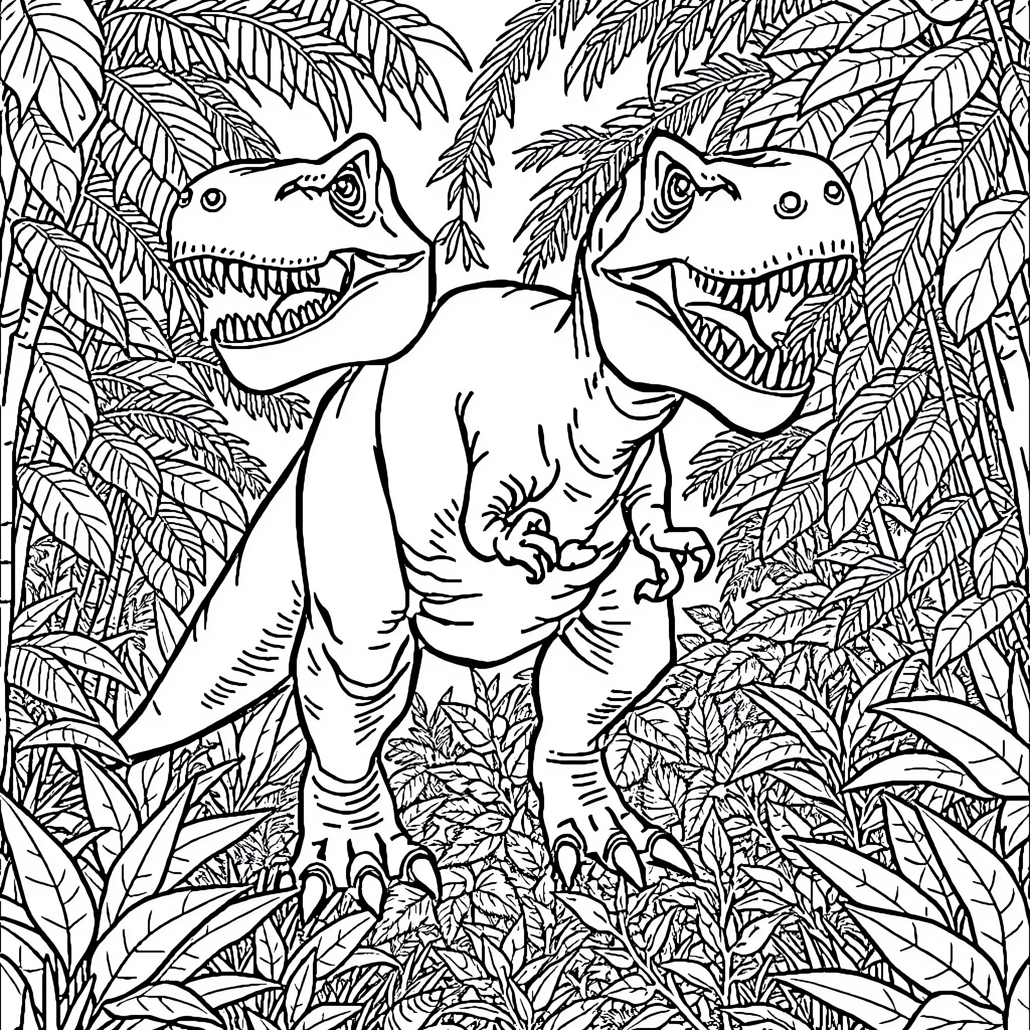 T-Rex duo exploring lush jungle foliage Coloring Page (free black-and-white line drawing printable PDF for all, from beginners to advanced learners, including children, teens, adults, and seniors)