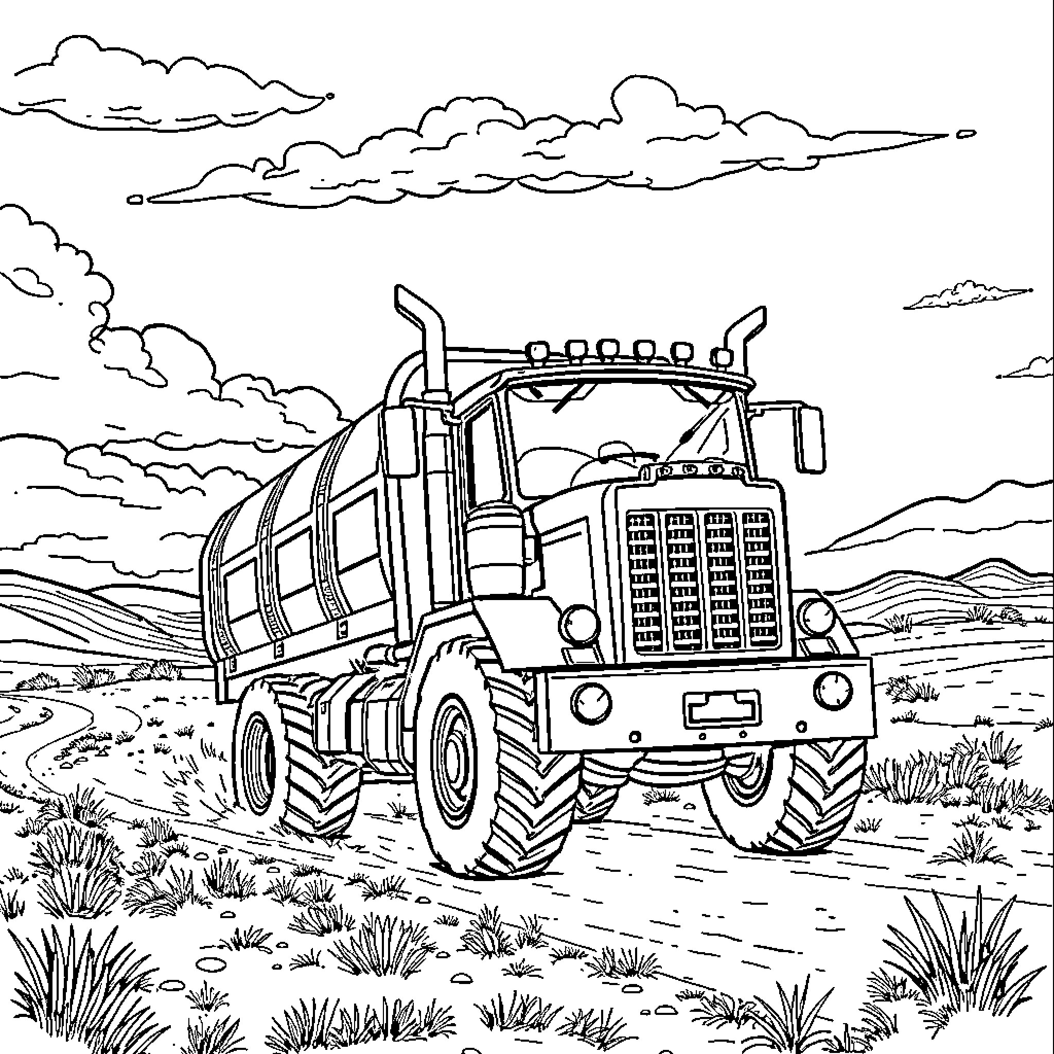 Dump Truck Hauling Heavy Load Through Rugged Landscape Coloring Page (free black-and-white line drawing printable PDF for all, from beginners to advanced learners, including children, teens, adults, and seniors)