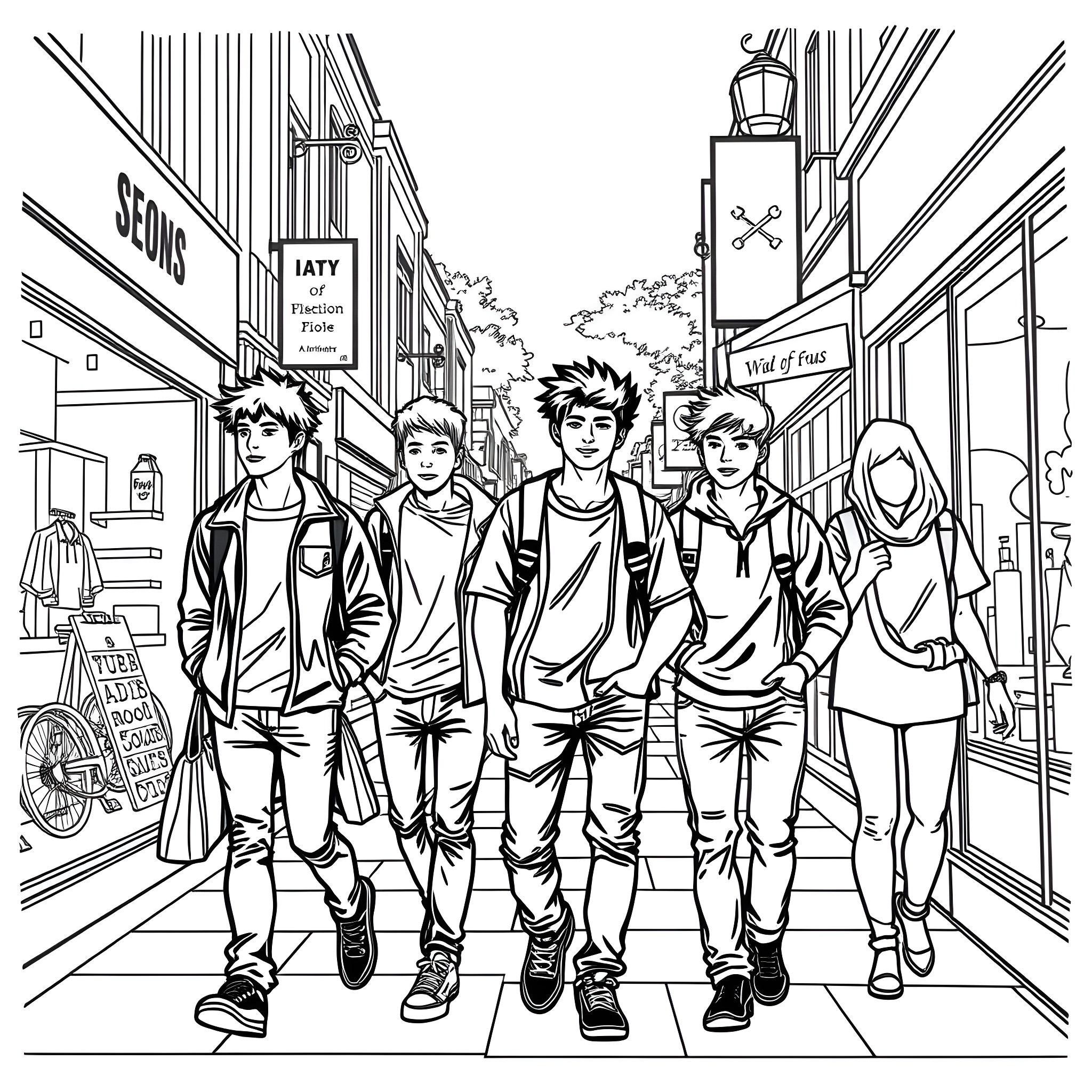 Teenage Boys Walking Together in the City Coloring Page (free black-and-white line drawing printable PDF for all, from beginners to advanced learners, including children, teens, adults, and seniors)