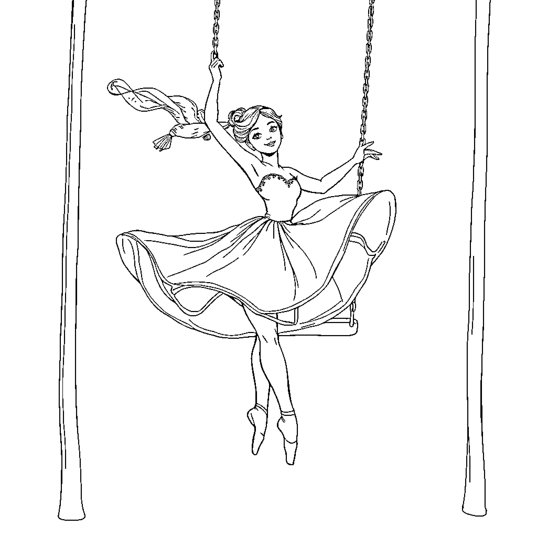 Ballerina gracefully performing aerial dance Coloring Page (free black-and-white line drawing printable PDF for all, from beginners to advanced learners, including children, teens, adults, and seniors)