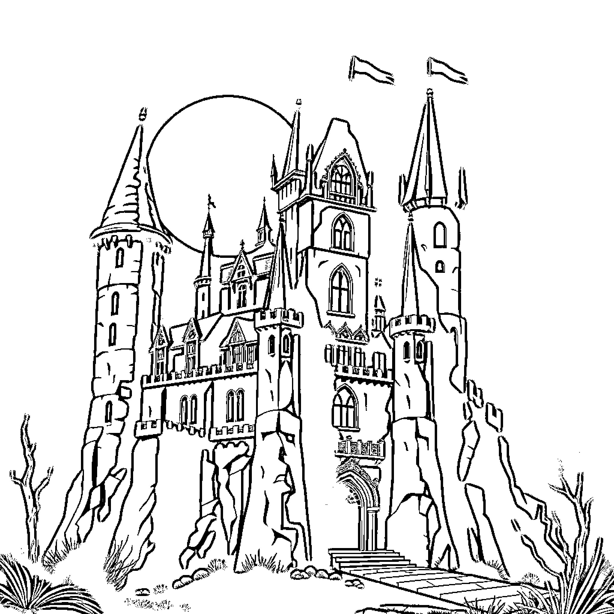 Dracula's Haunting Castle Silhouette Coloring Page (free black-and-white line drawing printable PDF for all, from beginners to advanced learners, including children, teens, adults, and seniors)