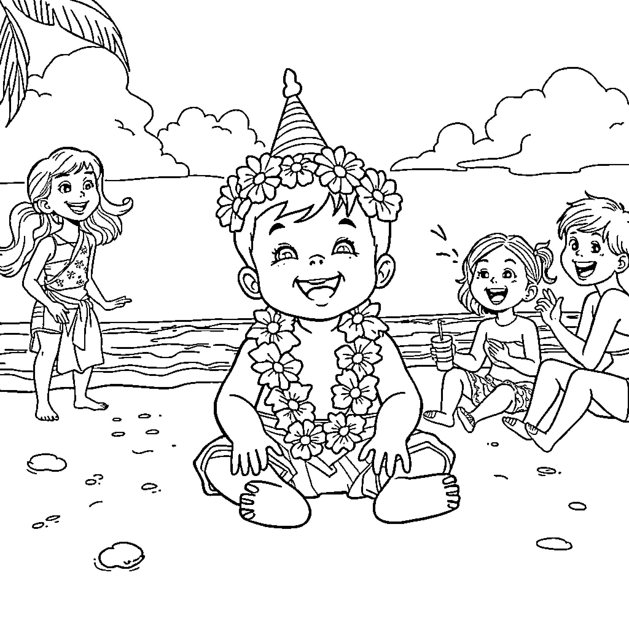 Child enjoys beach day with family and friends Coloring Page (free black-and-white line drawing printable PDF for all, from beginners to advanced learners, including children, teens, adults, and seniors)