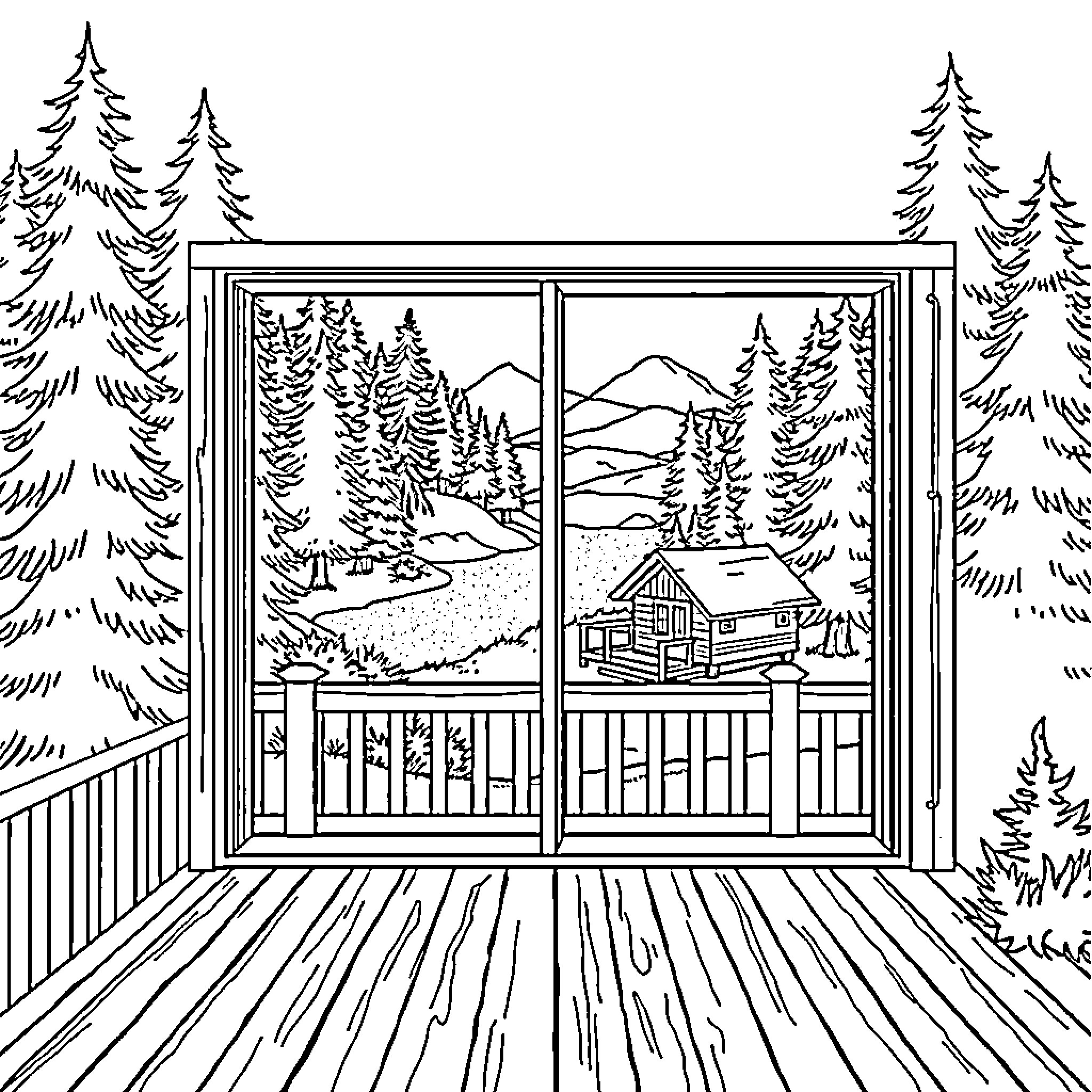 Door to Scenic Mountain Cabin Retreat Coloring Page (free black-and-white line drawing printable PDF for all, from beginners to advanced learners, including children, teens, adults, and seniors)