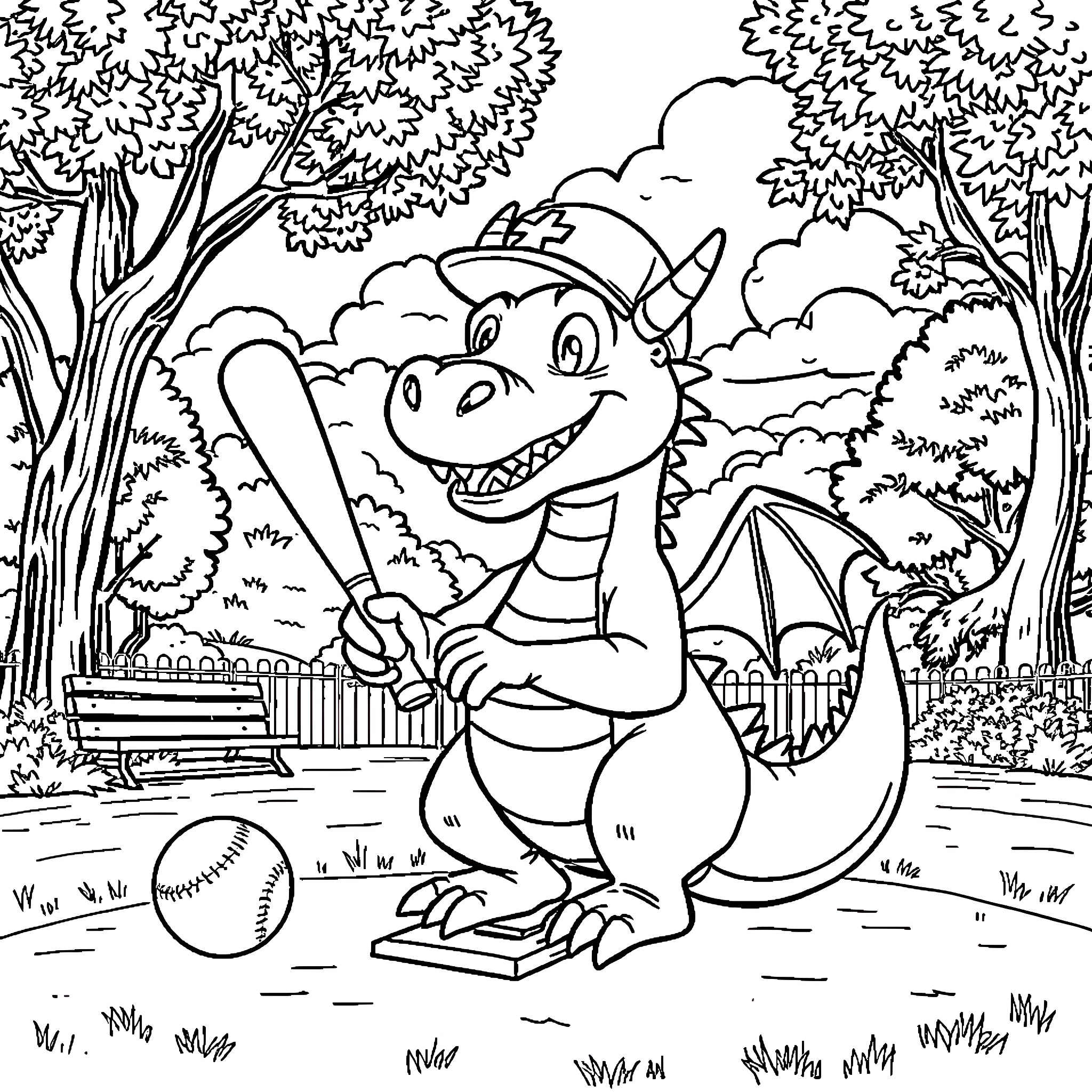 Dragon playing baseball in enchanted forest Coloring Page (free black-and-white line drawing printable PDF for all, from beginners to advanced learners, including children, teens, adults, and seniors)