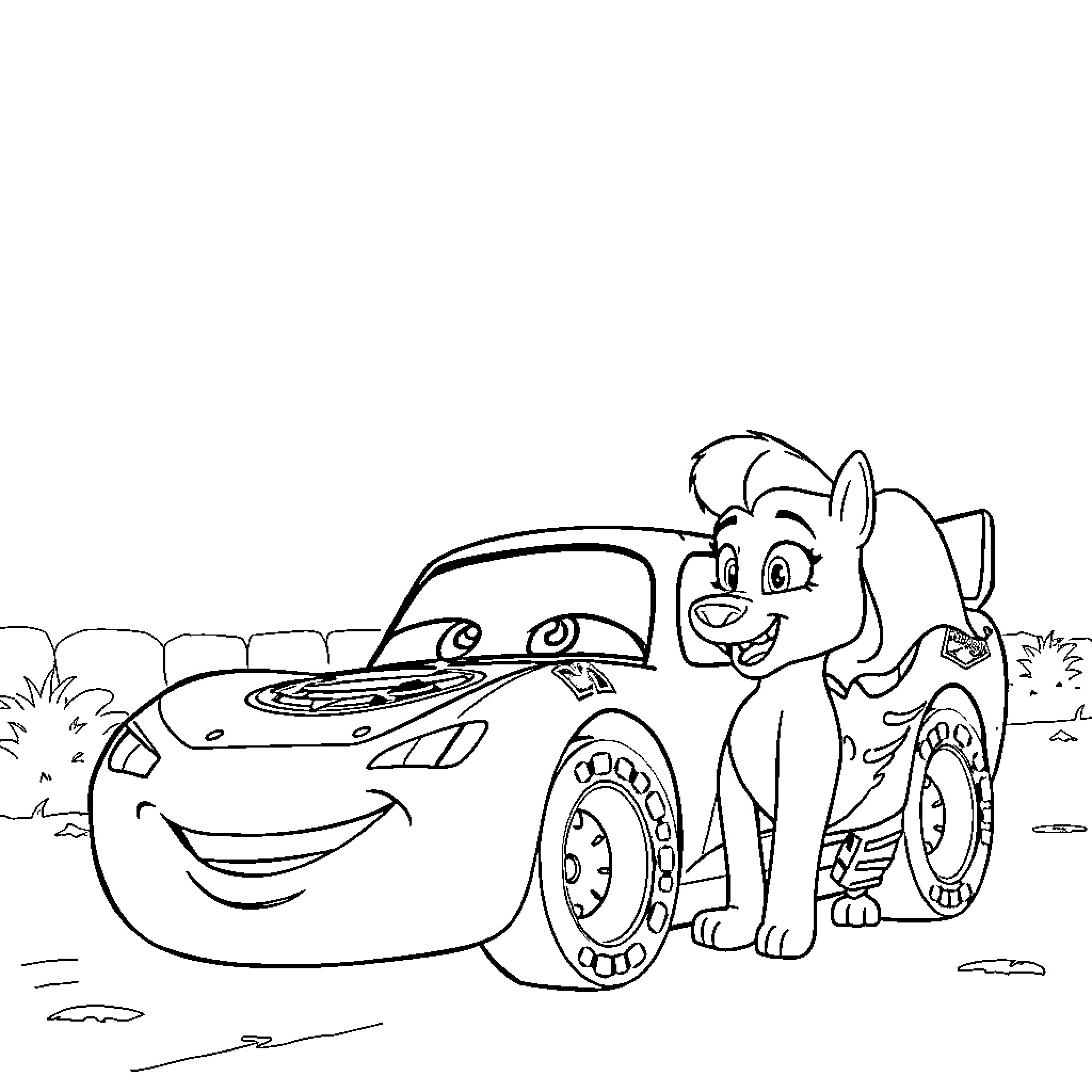 Rayo McQueen and his canine companion explore the countryside Coloring Page (free black-and-white line drawing printable PDF for all, from beginners to advanced learners, including children, teens, adults, and seniors)