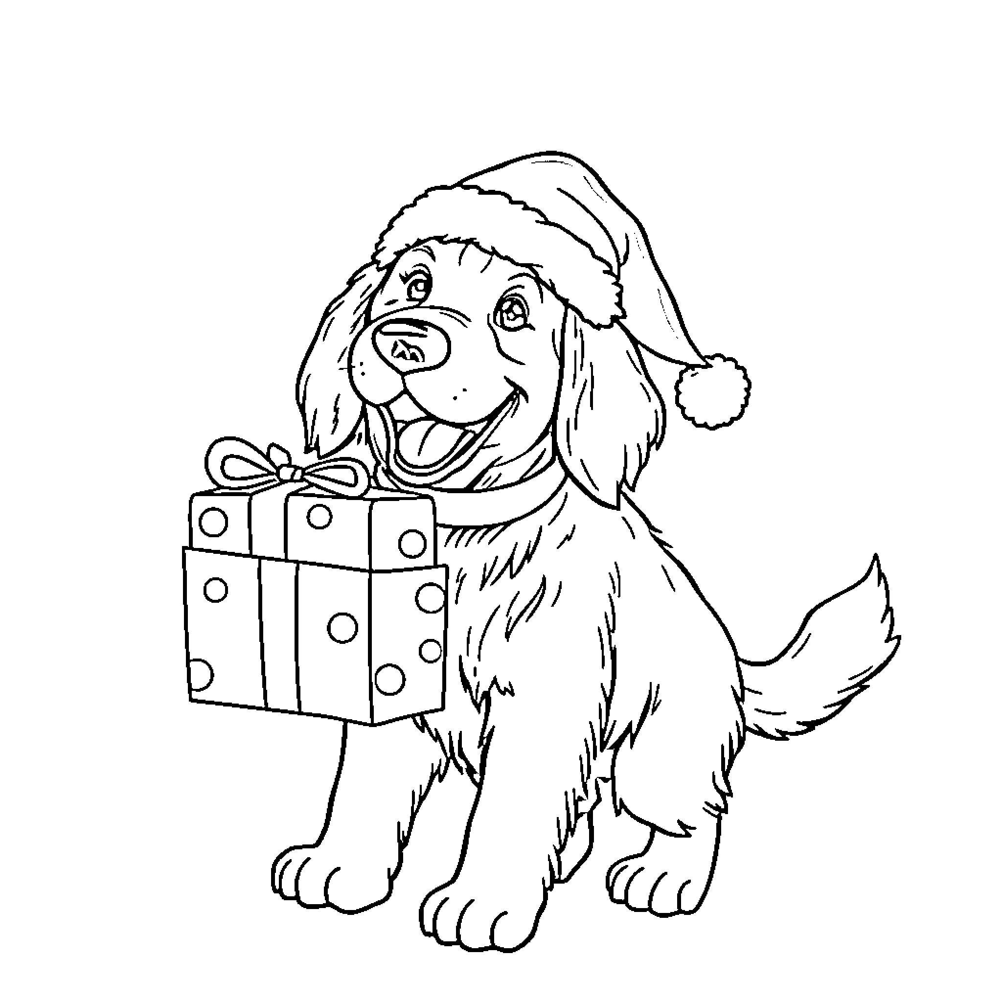 Retriever holding a holiday gift box Coloring Page (free black-and-white line drawing printable PDF for all, from beginners to advanced learners, including children, teens, adults, and seniors)