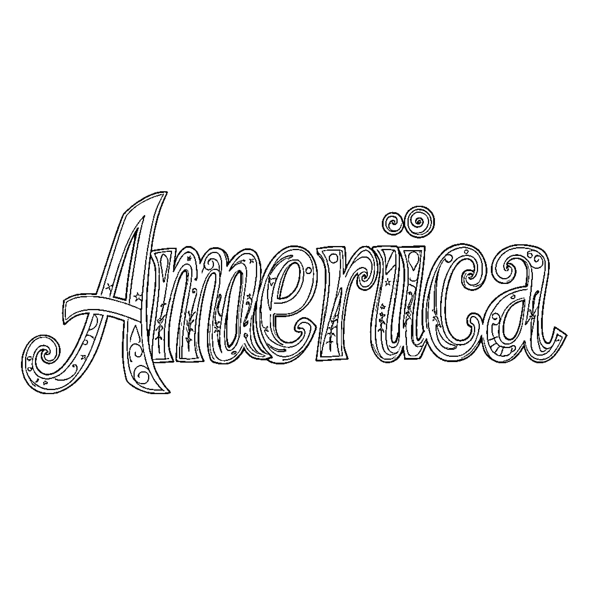 America Depicted in Artistic Text Styling Coloring Page (free black-and-white line drawing printable PDF for all, from beginners to advanced learners, including children, teens, adults, and seniors)