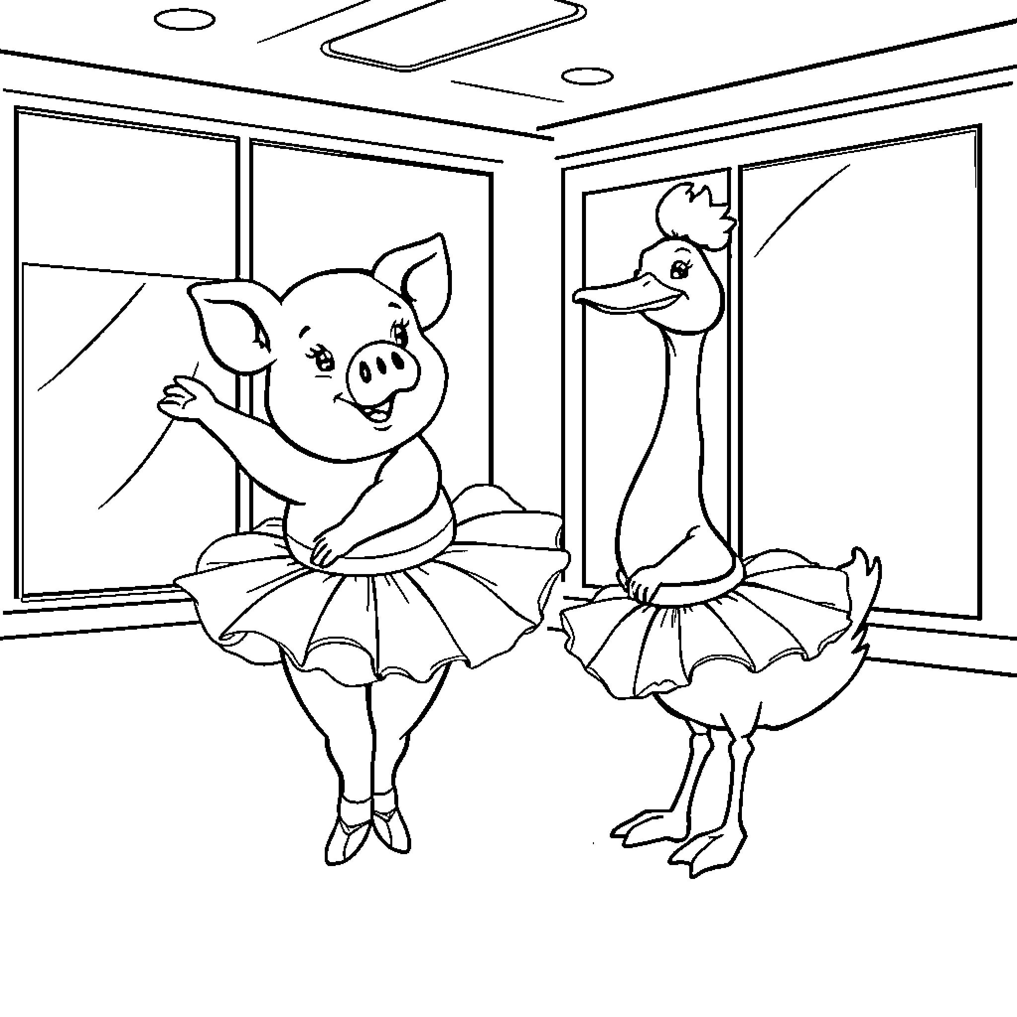 Pig and duck performing ballet in studio Coloring Page (free black-and-white line drawing printable PDF for all, from beginners to advanced learners, including children, teens, adults, and seniors)