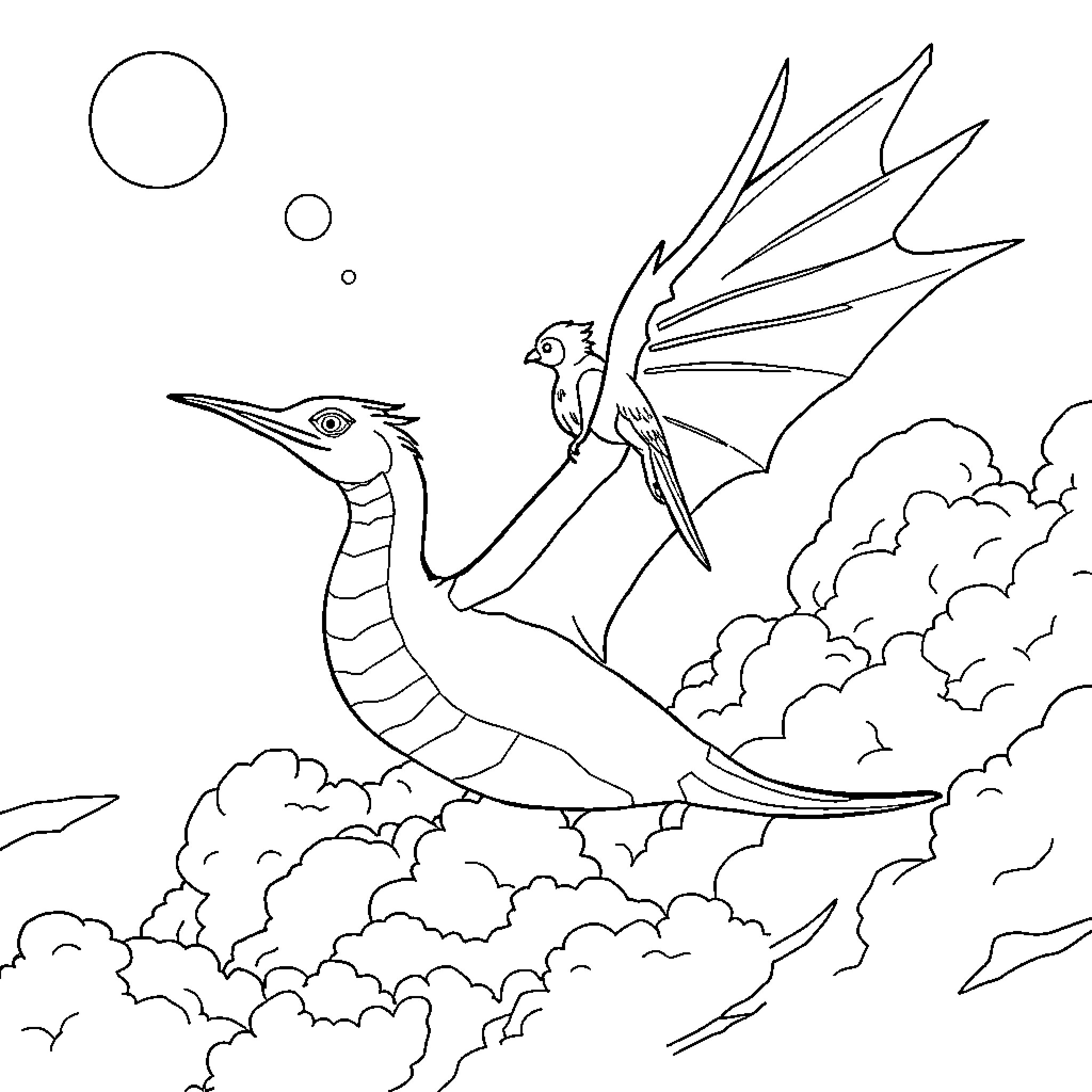 Banguela's Fantastical Flight Through the Clouds Coloring Page (free black-and-white line drawing printable PDF for all, from beginners to advanced learners, including children, teens, adults, and seniors)