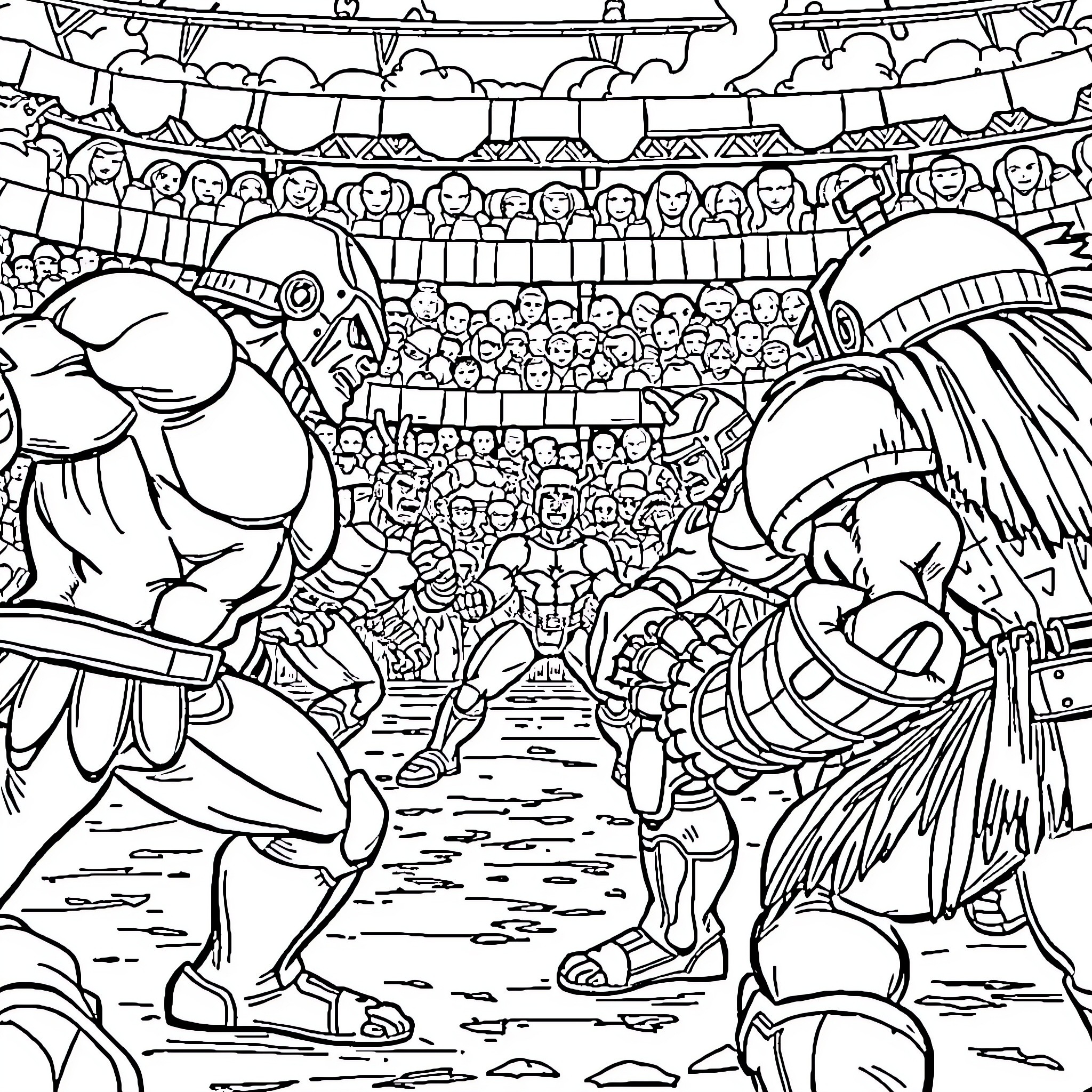 Barbi's Gladiator Battle in the Colosseum Coloring Page (free black-and-white line drawing printable PDF for all, from beginners to advanced learners, including children, teens, adults, and seniors)
