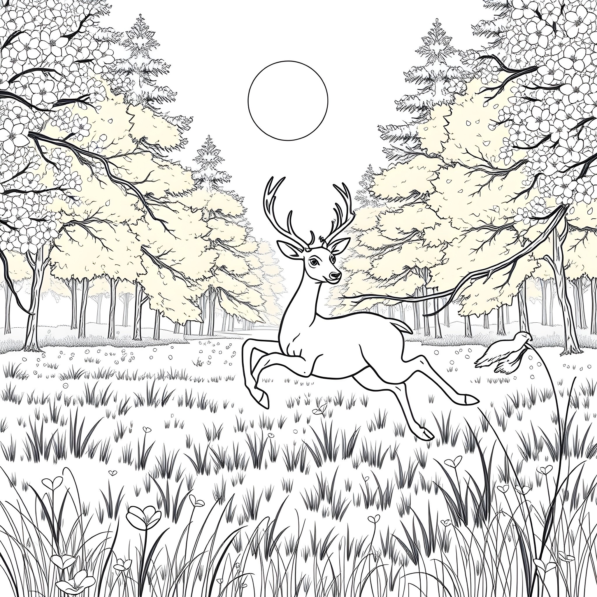 Deer running gracefully through the forest Coloring Page (free black-and-white line drawing printable PDF for all, from beginners to advanced learners, including children, teens, adults, and seniors)