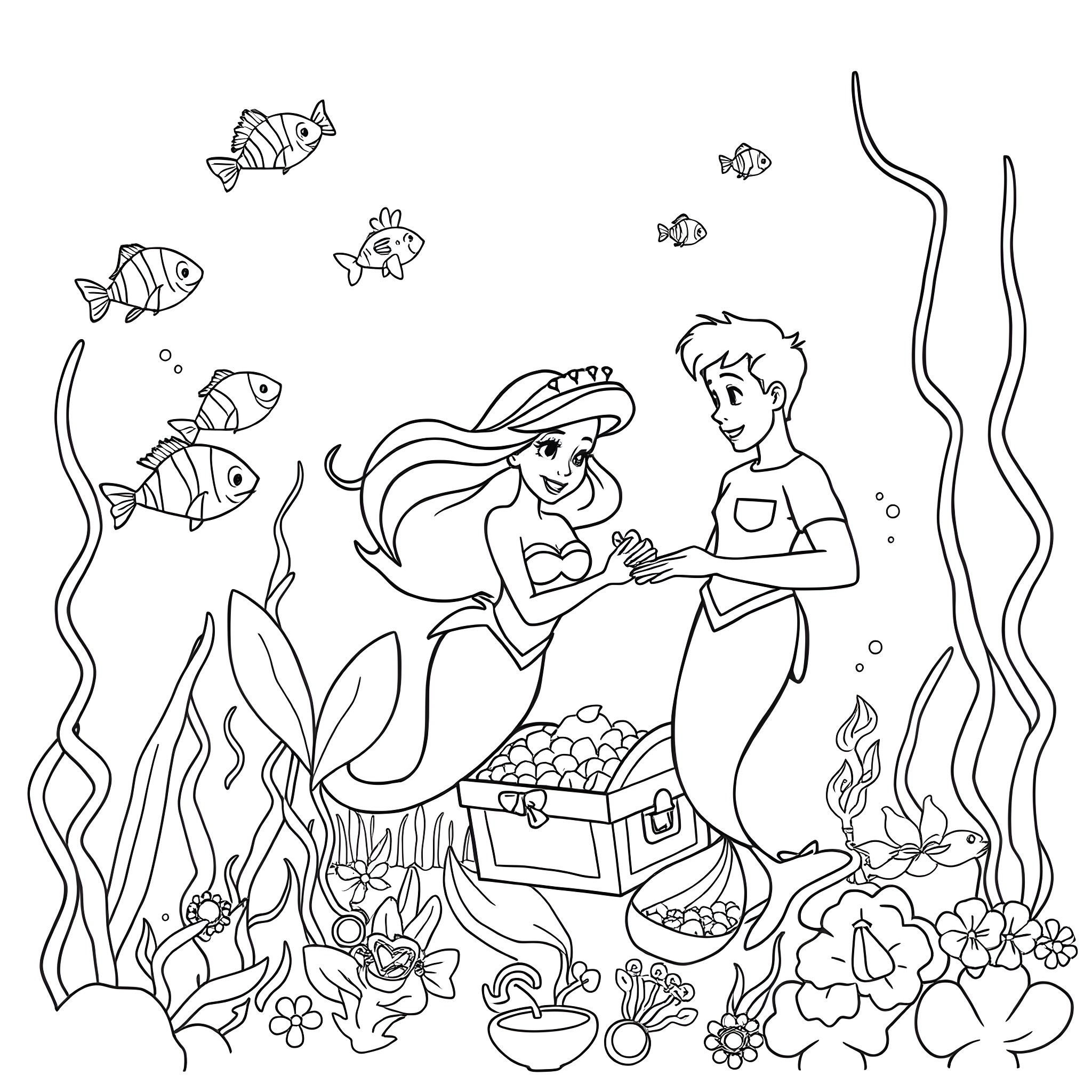 Mermaid exploring underwater treasure with a young boy Coloring Page (free black-and-white line drawing printable PDF for all, from beginners to advanced learners, including children, teens, adults, and seniors)