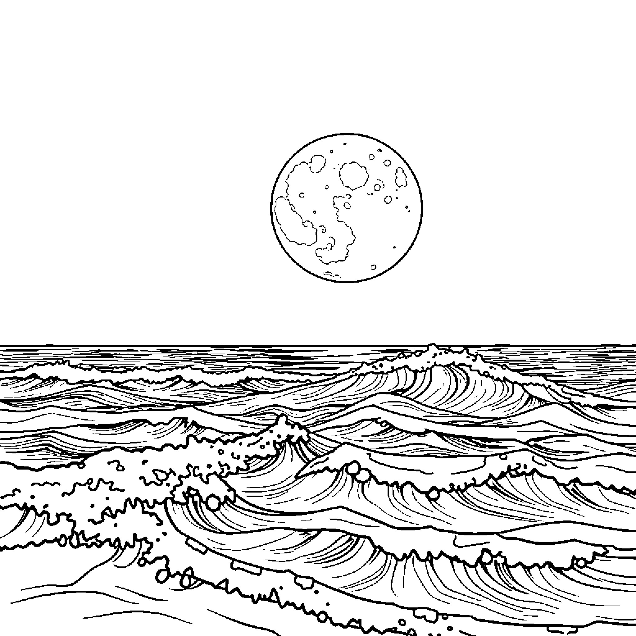 Moon over the crashing ocean waves Coloring Page (free black-and-white line drawing printable PDF for all, from beginners to advanced learners, including children, teens, adults, and seniors)