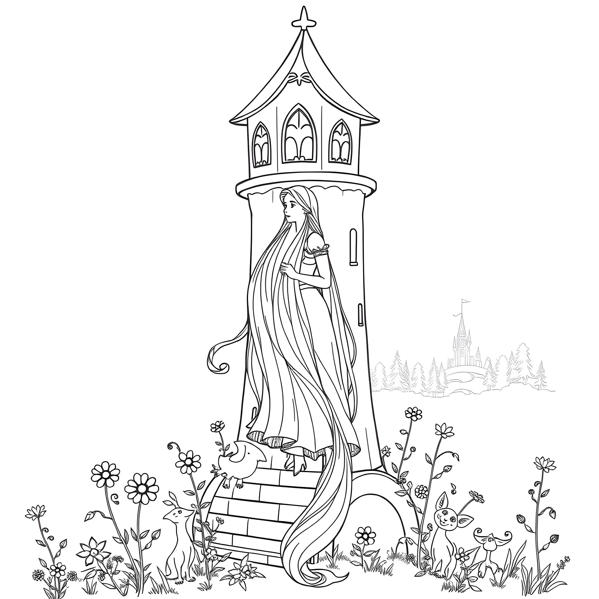 Rapunzel in a fairytale tower with flowers Coloring Page (free black-and-white line drawing printable PDF for all, from beginners to advanced learners, including children, teens, adults, and seniors)
