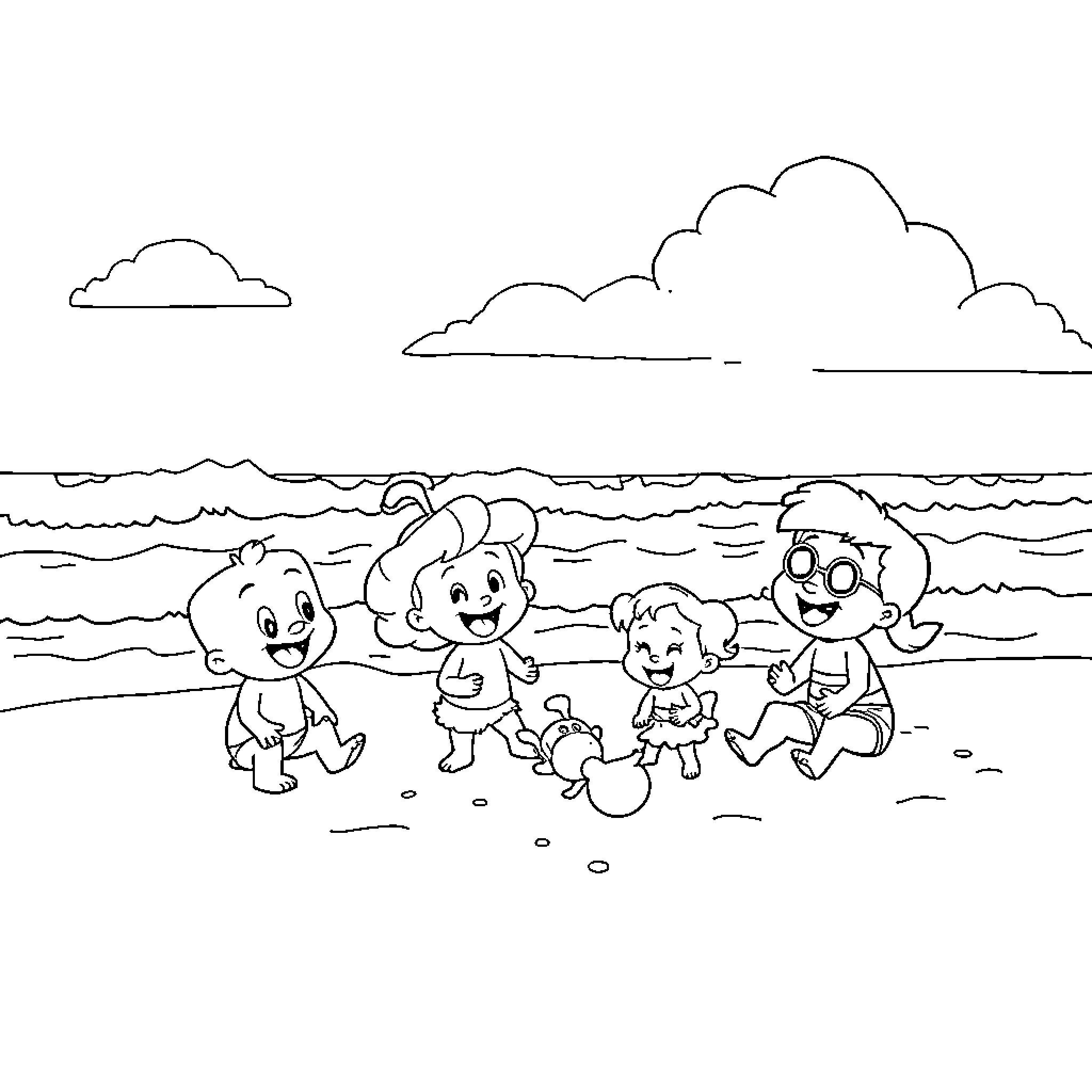 Bluey and Friends Enjoying the Beach Coloring Page (free black-and-white line drawing printable PDF for all, from beginners to advanced learners, including children, teens, adults, and seniors)