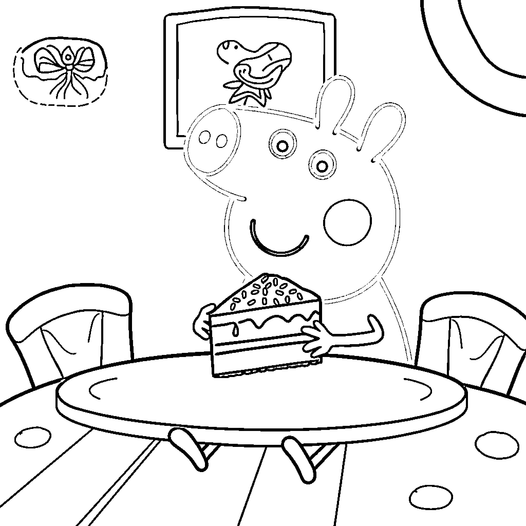 Peppa Pig enjoying a meal with friends Coloring Page (free black-and-white line drawing printable PDF for all, from beginners to advanced learners, including children, teens, adults, and seniors)