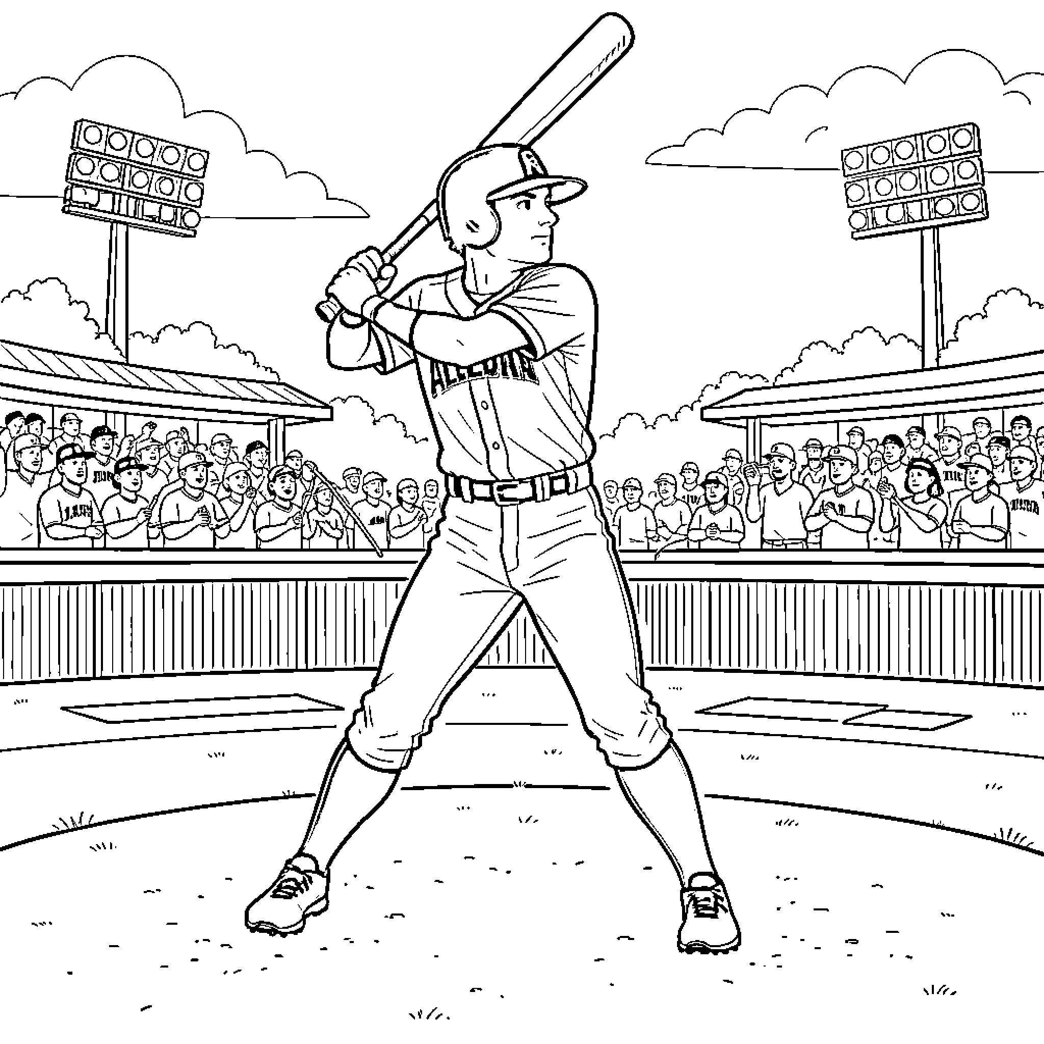 Yordan Alvarez standing in a baseball stadium holding a bat Coloring Page (free black-and-white line drawing printable PDF for all, from beginners to advanced learners, including children, teens, adults, and seniors)