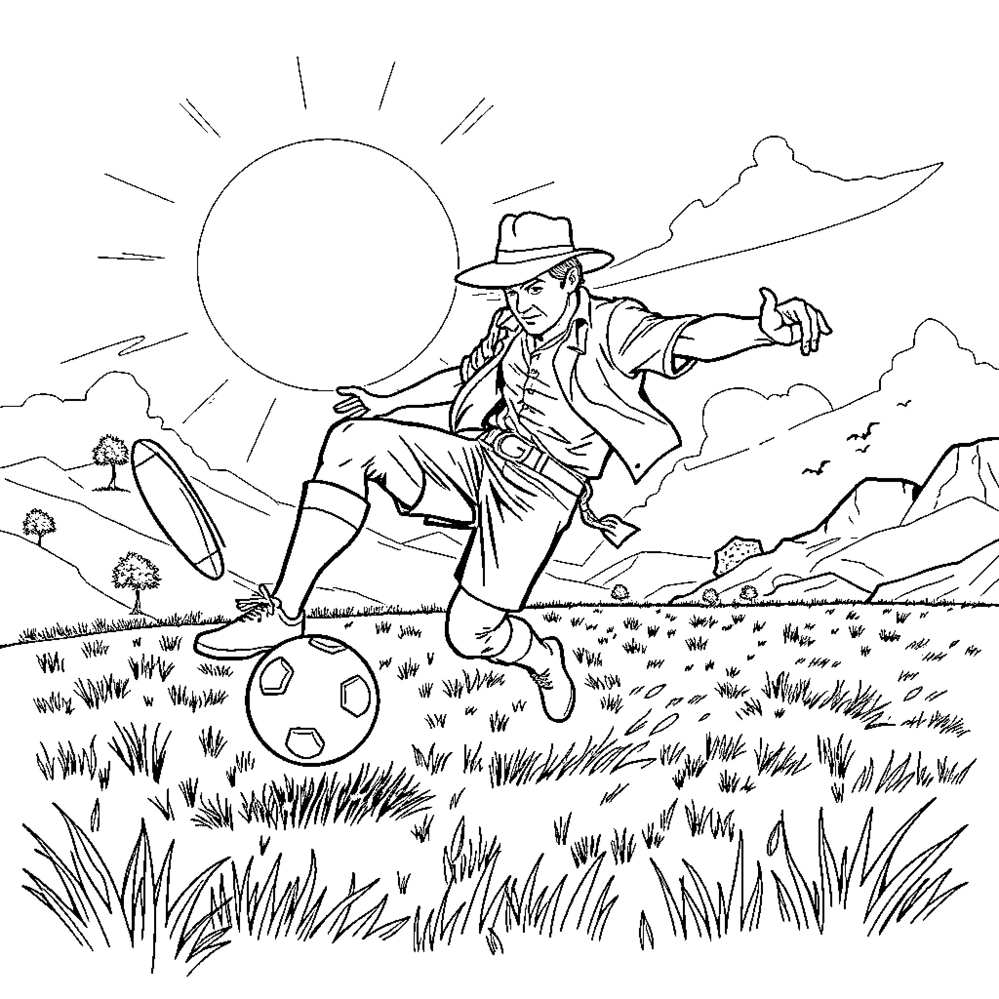 Indiana Jones kicking soccer ball in rugged landscape Coloring Page (free black-and-white line drawing printable PDF for all, from beginners to advanced learners, including children, teens, adults, and seniors)