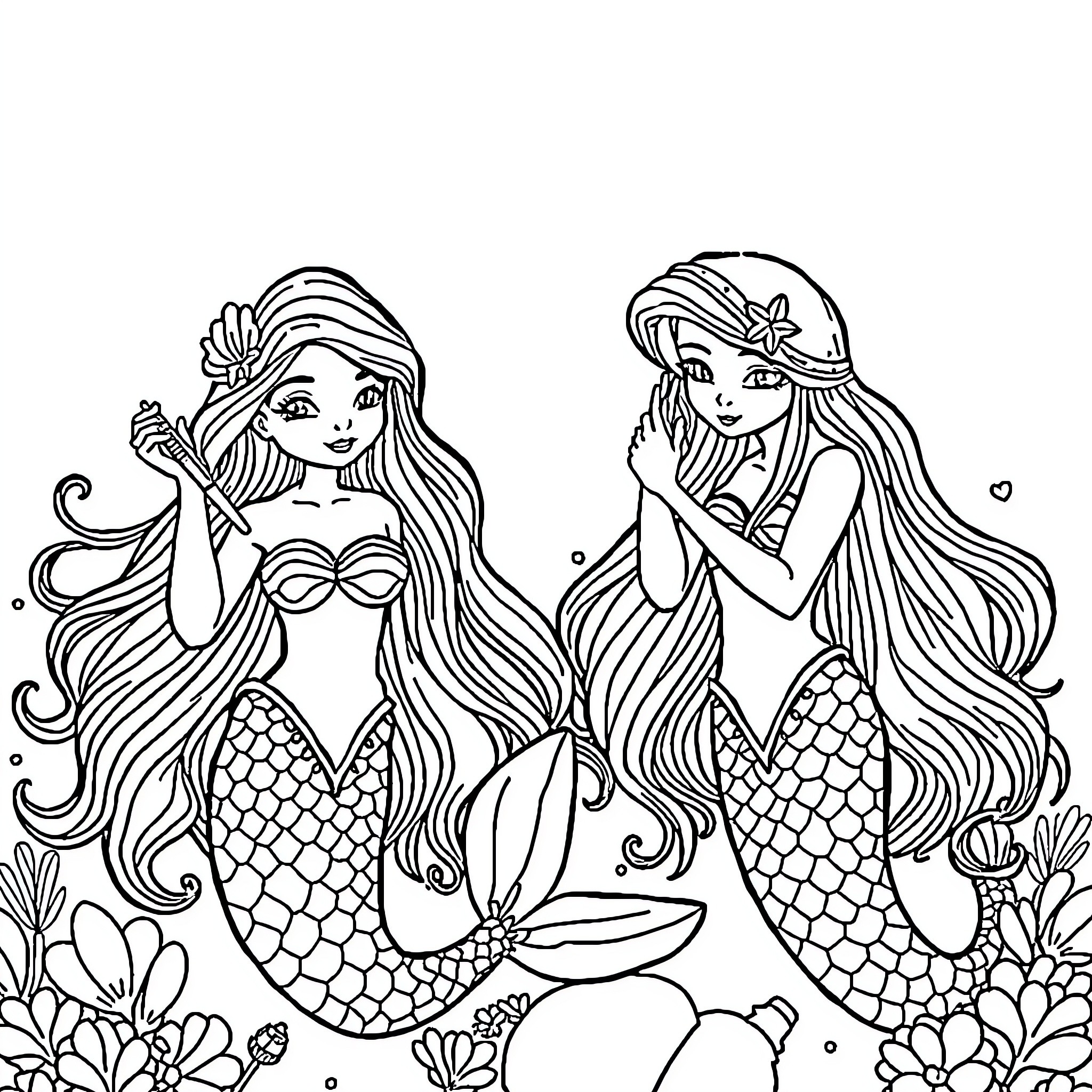 Mermaid Sisters Admiring Underwater Beauty Coloring Page (free black-and-white line drawing printable PDF for all, from beginners to advanced learners, including children, teens, adults, and seniors)
