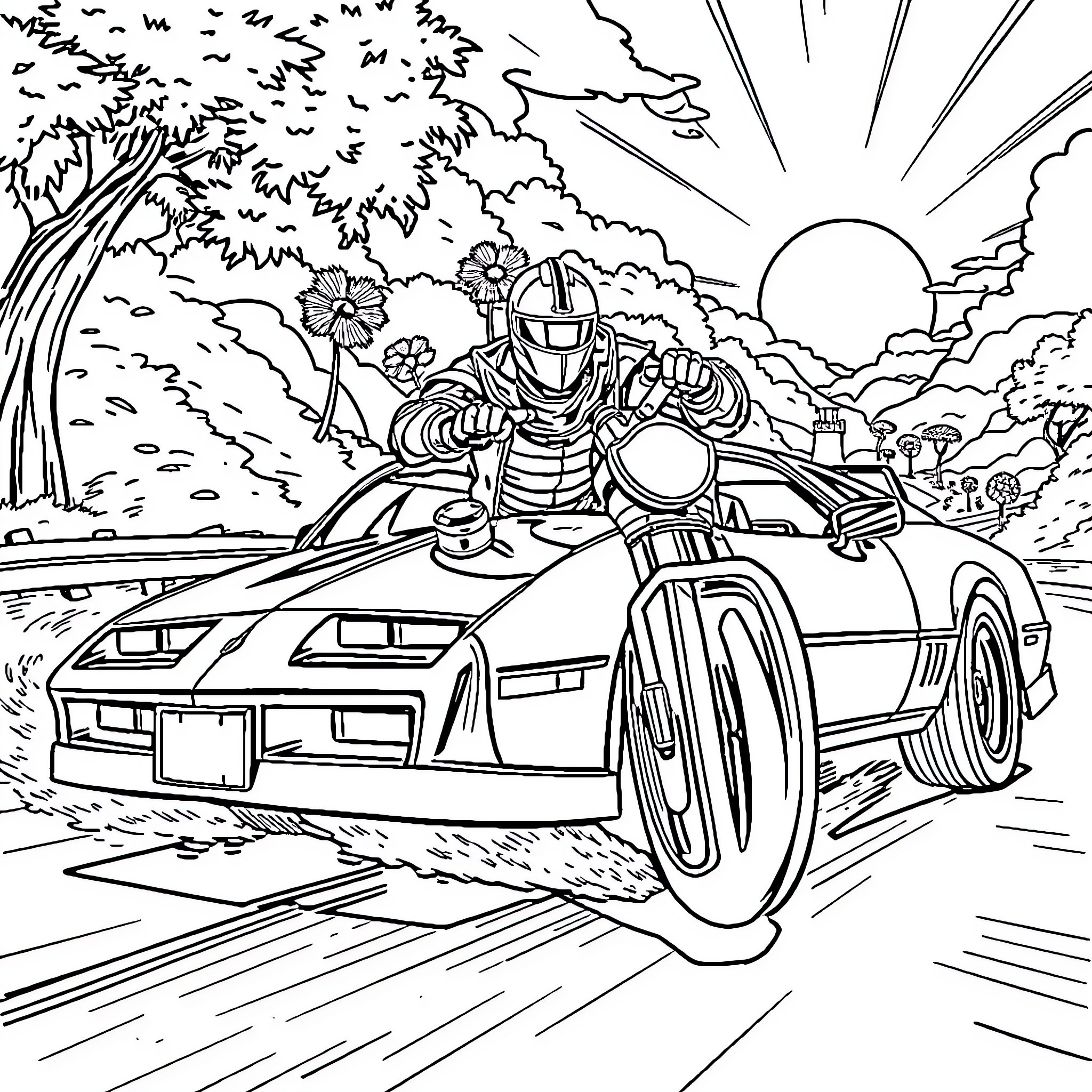 Knight Rider rescues driver in futuristic motorcycle chase Coloring Page (free black-and-white line drawing printable PDF for all, from beginners to advanced learners, including children, teens, adults, and seniors)
