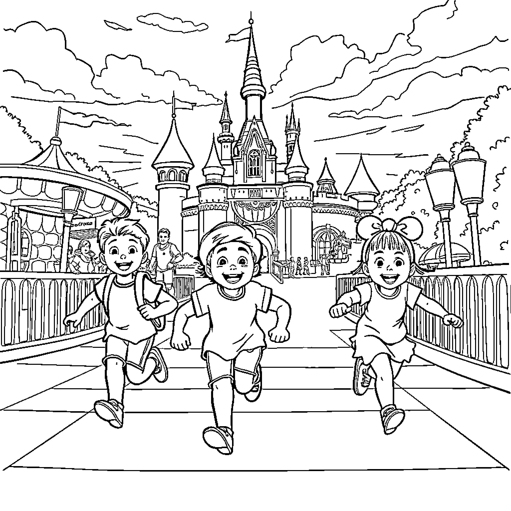 Kid Friends Explore Magical Castle Theme Park Coloring Page (free black-and-white line drawing printable PDF for all, from beginners to advanced learners, including children, teens, adults, and seniors)