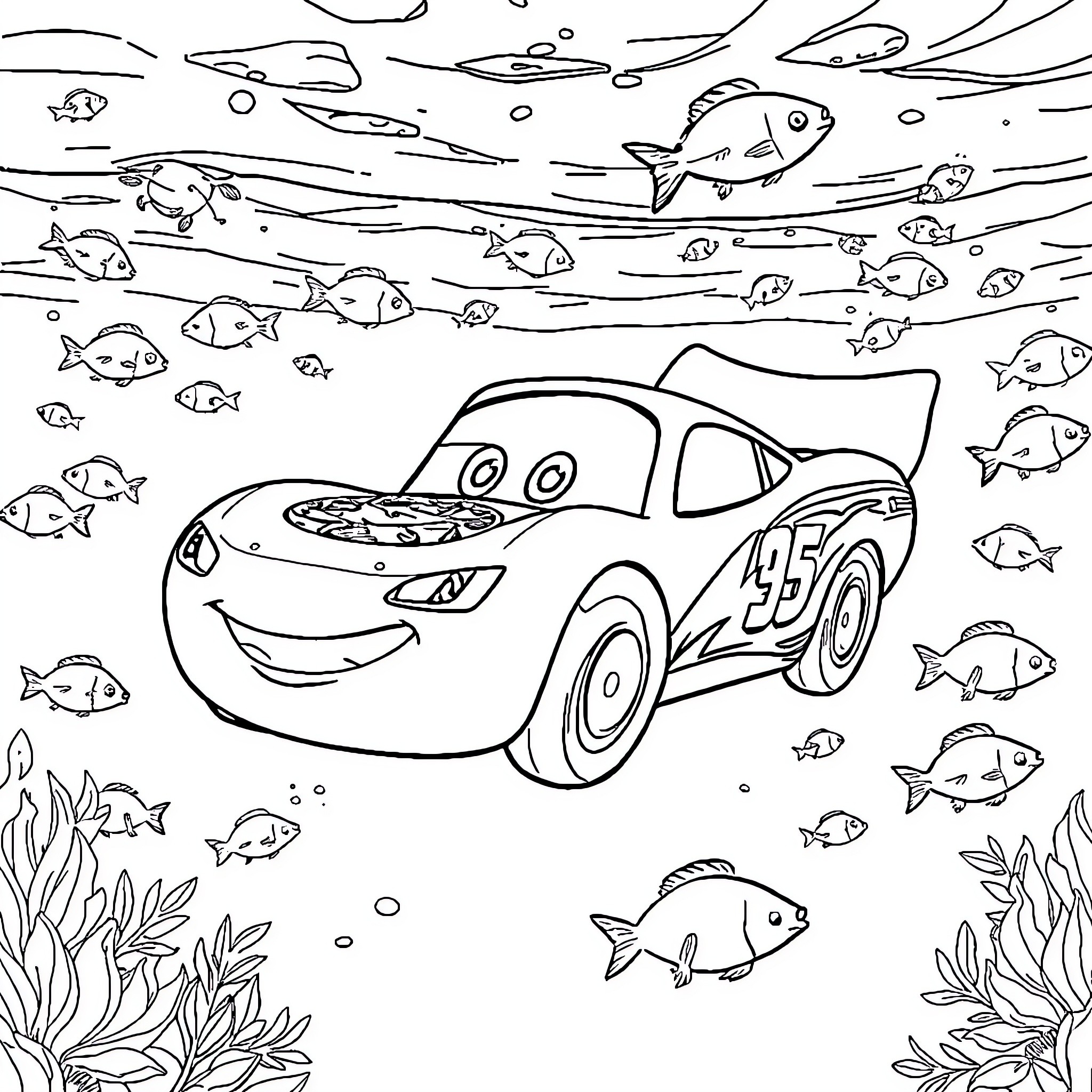 Flash McQueen drives underwater with ocean creatures Coloring Page (free black-and-white line drawing printable PDF for all, from beginners to advanced learners, including children, teens, adults, and seniors)