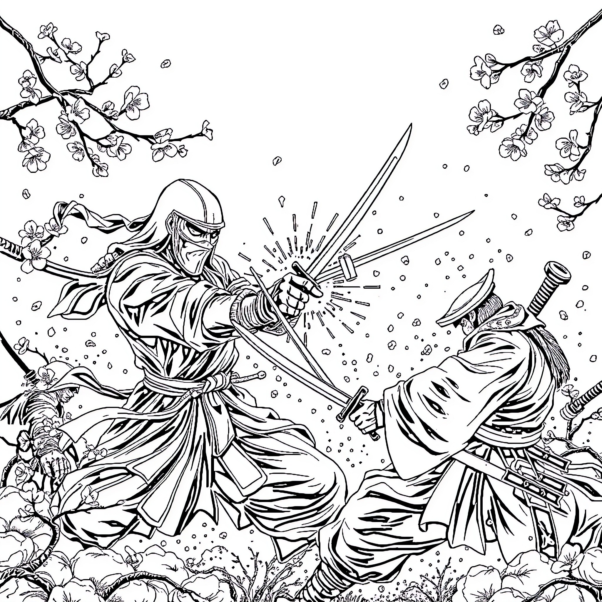 Ninja warriors engaged in fierce combat under blossoming branches Coloring Page (free black-and-white line drawing printable PDF for all, from beginners to advanced learners, including children, teens, adults, and seniors)