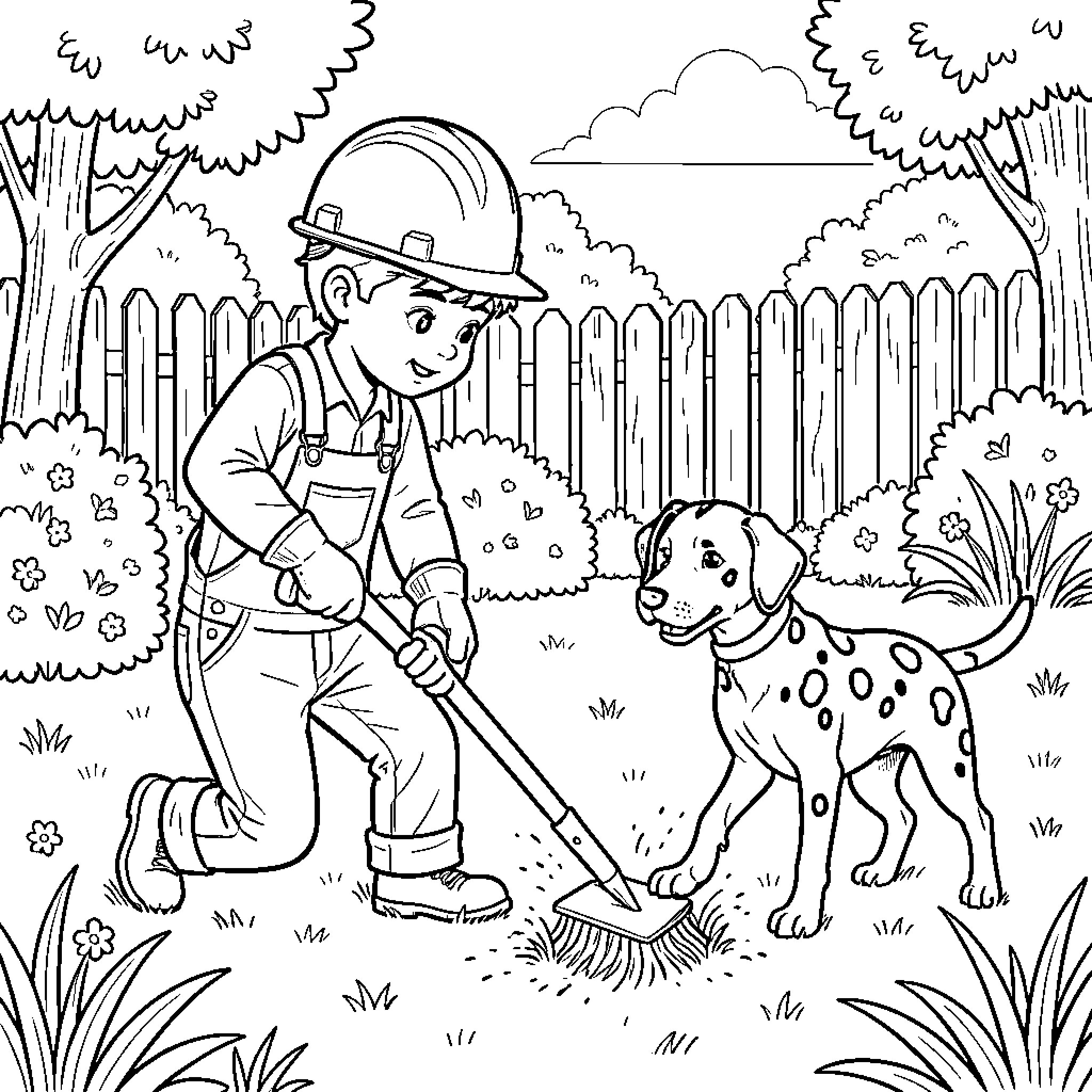 Niño trabajando en el jardín con perro amistoso Coloring Page (free black-and-white line drawing printable PDF for all, from beginners to advanced learners, including children, teens, adults, and seniors)