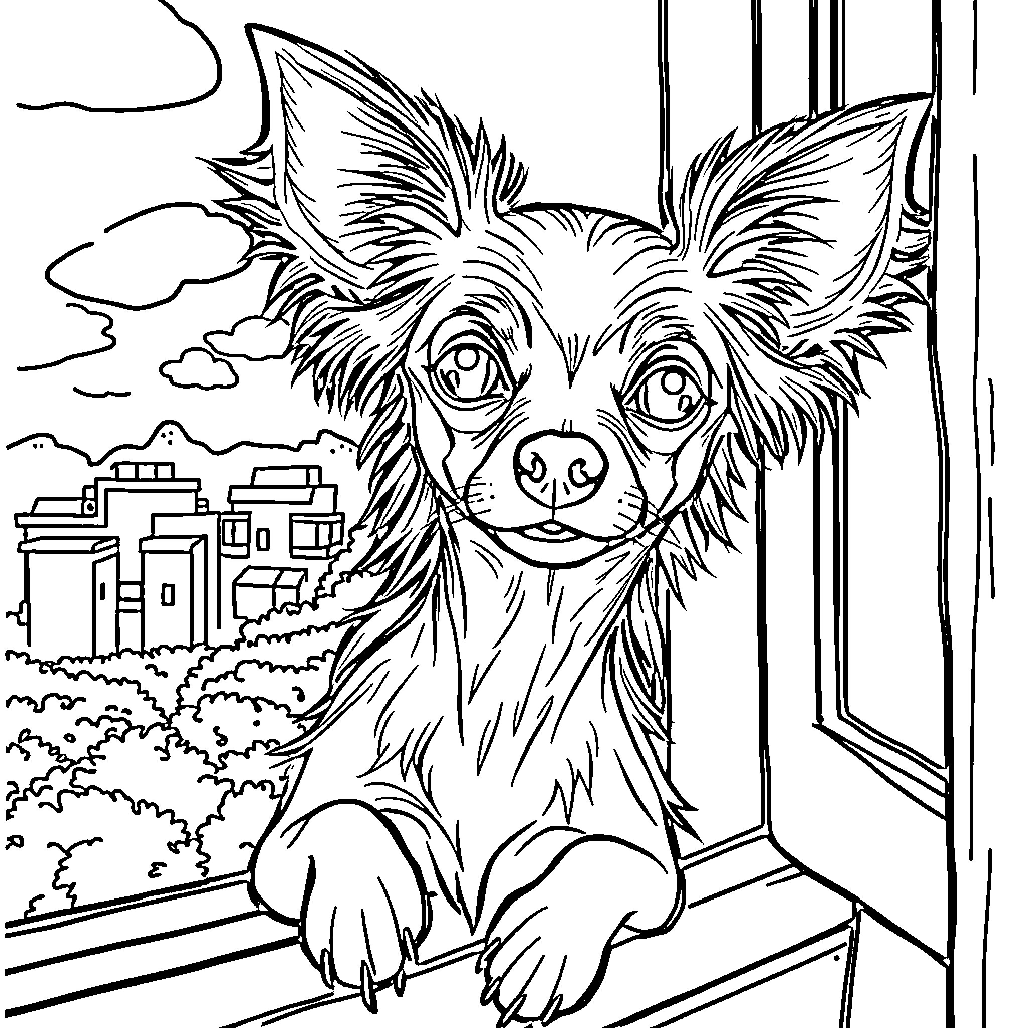 Chihuahua looking out the window at cityscape Coloring Page (free black-and-white line drawing printable PDF for all, from beginners to advanced learners, including children, teens, adults, and seniors)