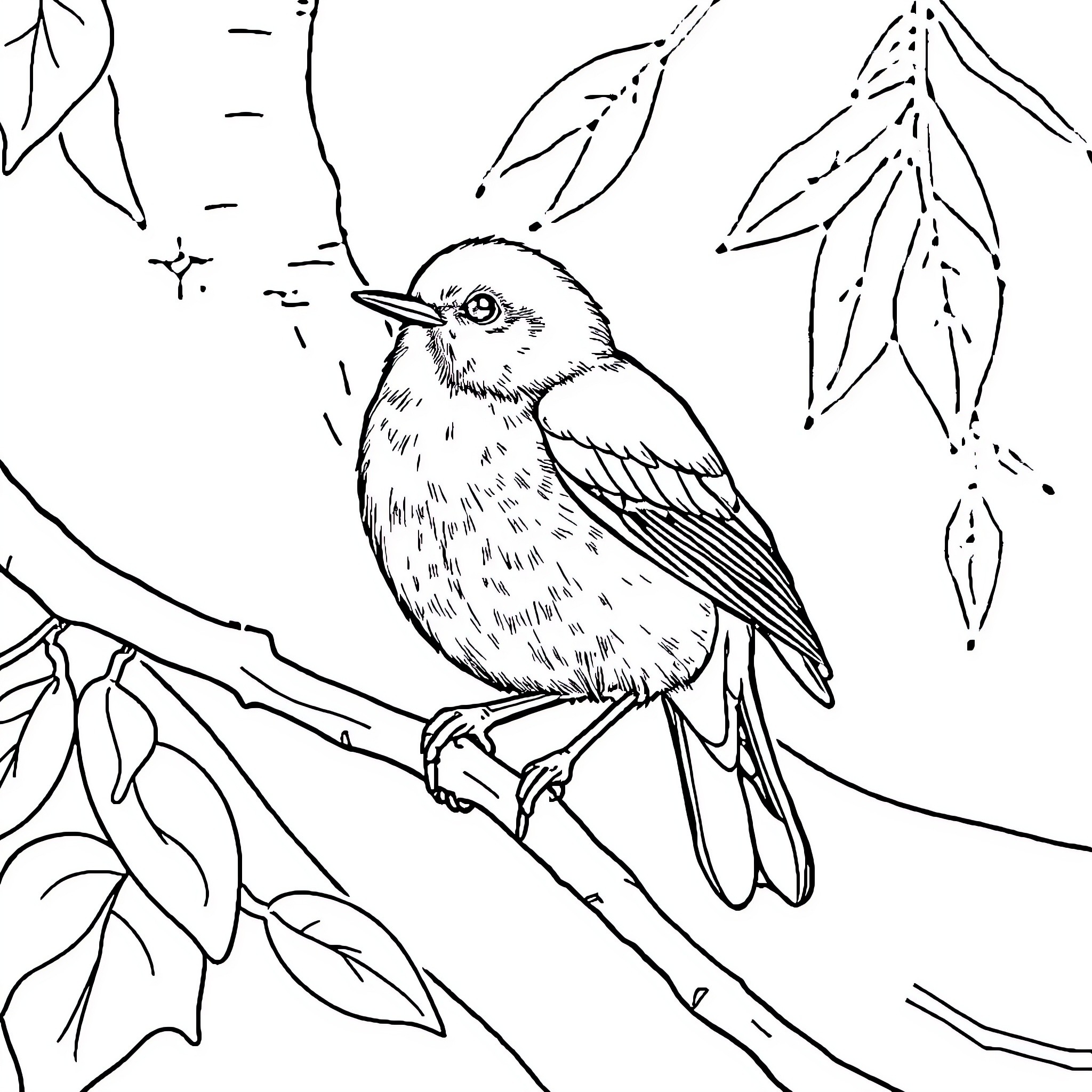 Bleuy bird perched on branch with foliage Coloring Page (free black-and-white line drawing printable PDF for all, from beginners to advanced learners, including children, teens, adults, and seniors)