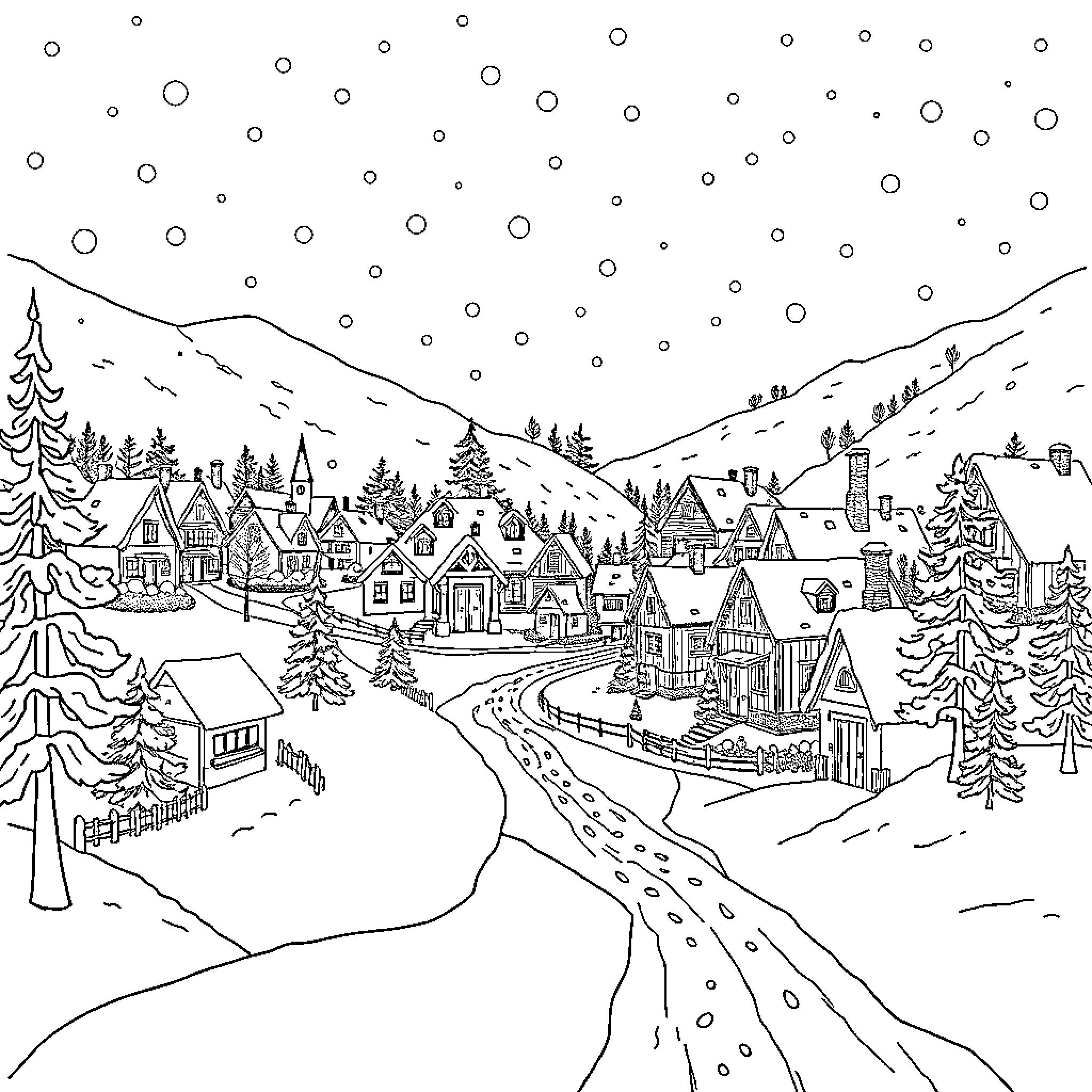 Village Scene with Winter Landscape and Snowy Hills Coloring Page (free black-and-white line drawing printable PDF for all, from beginners to advanced learners, including children, teens, adults, and seniors)