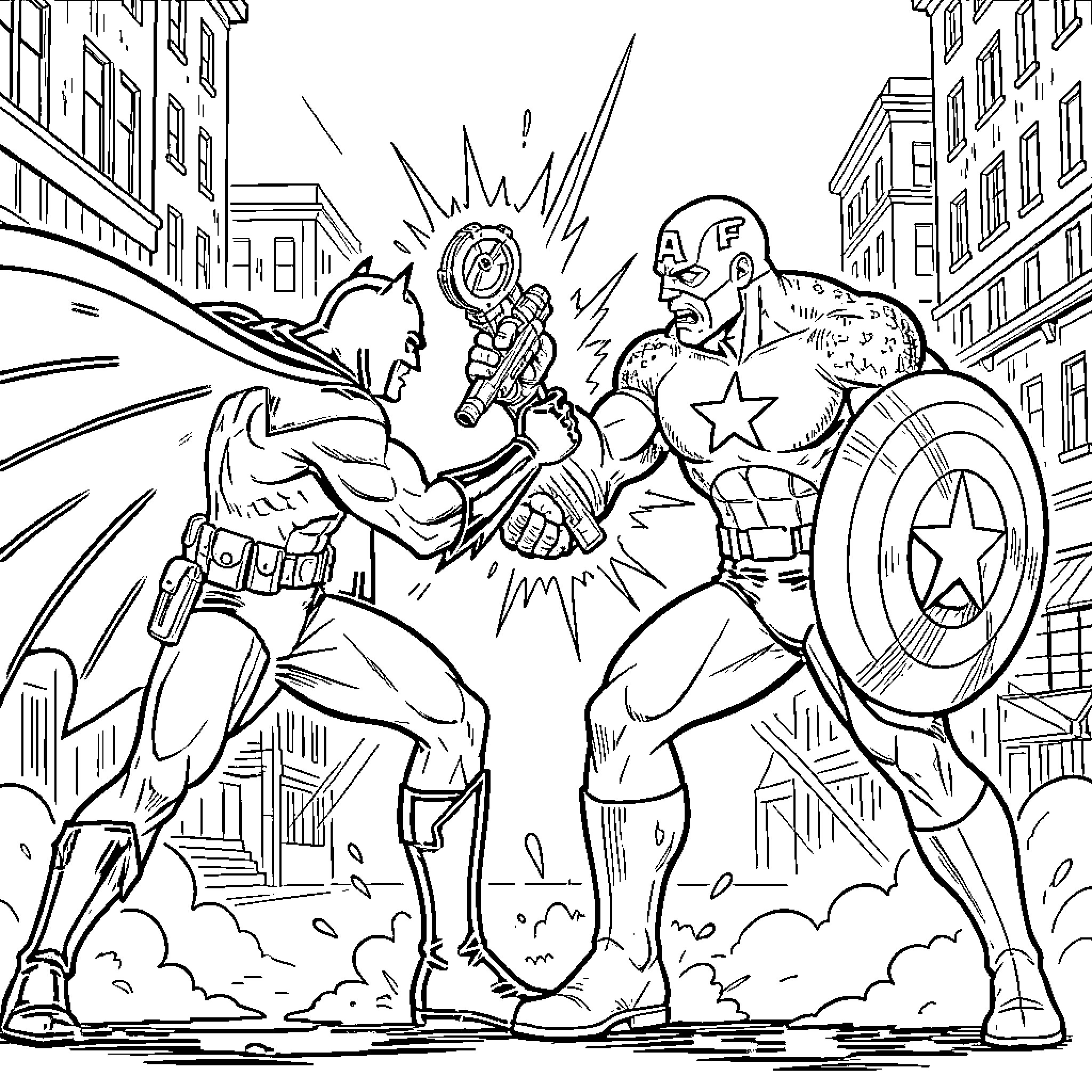 Batman fighting Captain America in a city street battle Coloring Page (free black-and-white line drawing printable PDF for all, from beginners to advanced learners, including children, teens, adults, and seniors)