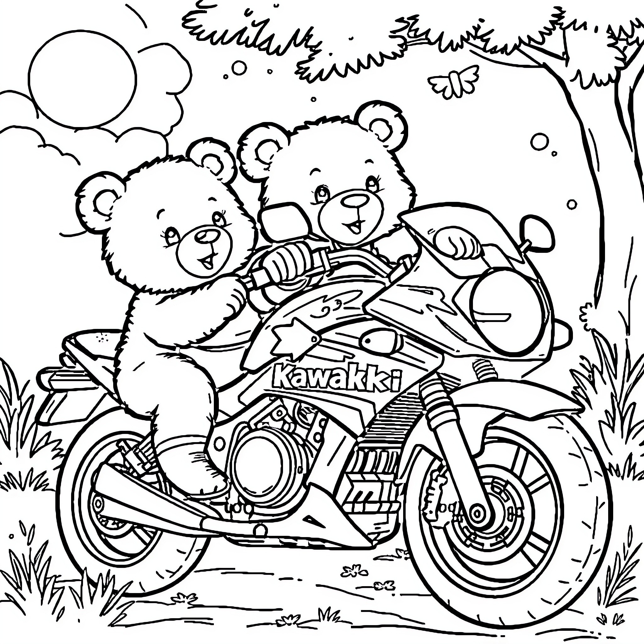 Bear duo riding motorcycle in nature Coloring Page (free black-and-white line drawing printable PDF for all, from beginners to advanced learners, including children, teens, adults, and seniors)