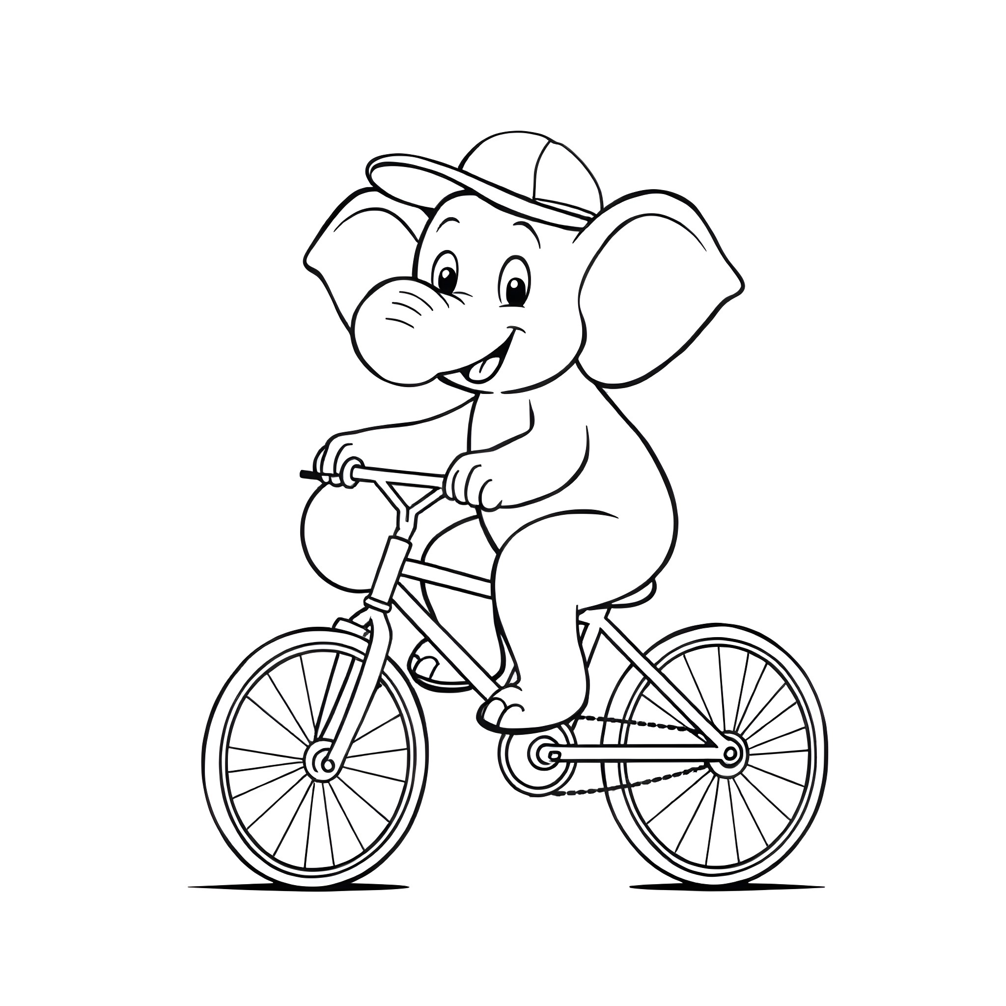Elephant riding a bicycle happily Coloring Page (free black-and-white line drawing printable PDF for all, from beginners to advanced learners, including children, teens, adults, and seniors)